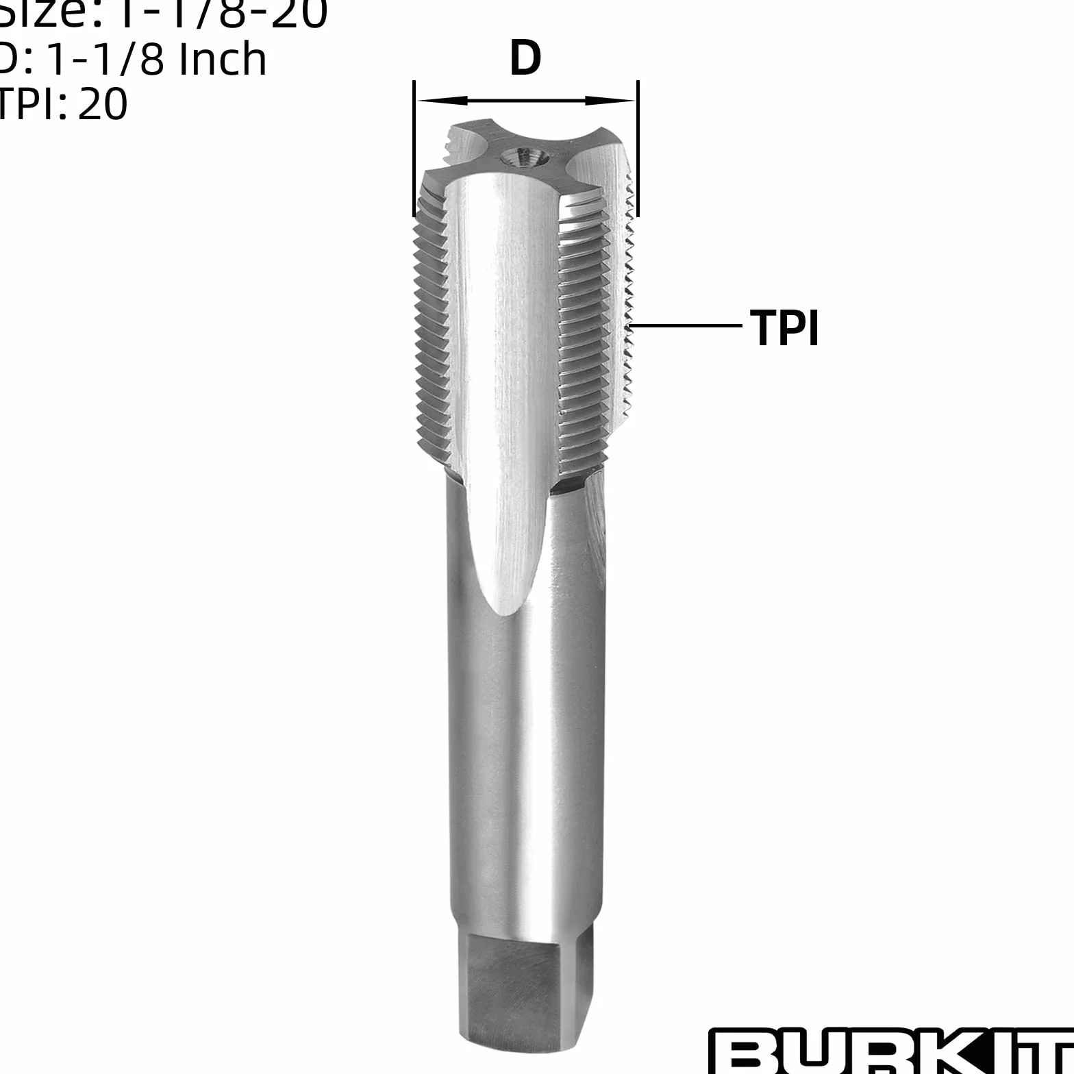 Burkit 1 1/8"-20 UN gwintownik praworęczny, HSS 1-1/8 x 20 UN prosty karbowany kran maszynowy