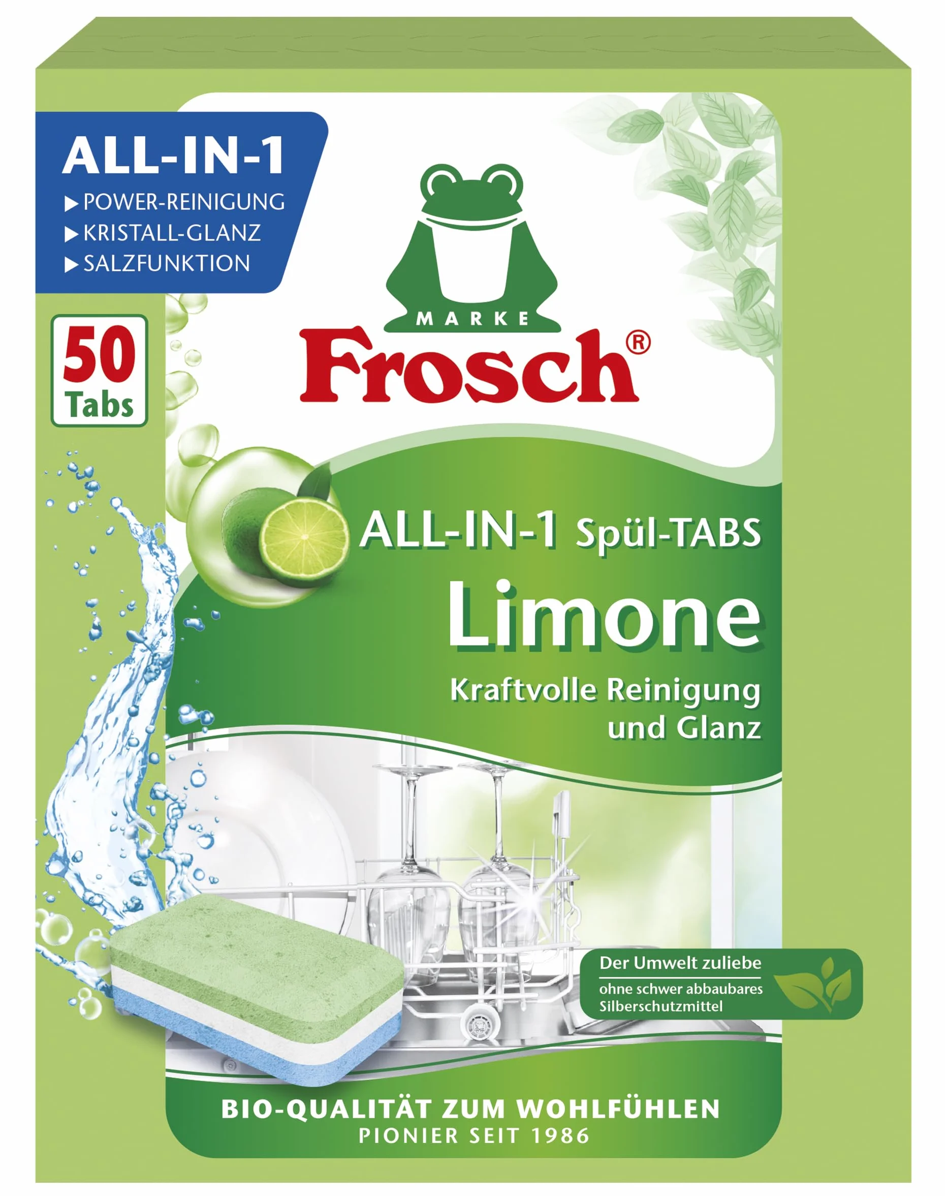 Frosch Limonen Geschirrspül-Tabs, umweltfreundlich, mit wasserlöslicher Folie, für die tägliche Reinigung von Besteck und Geschirr, 50 Tabs, 50 stück