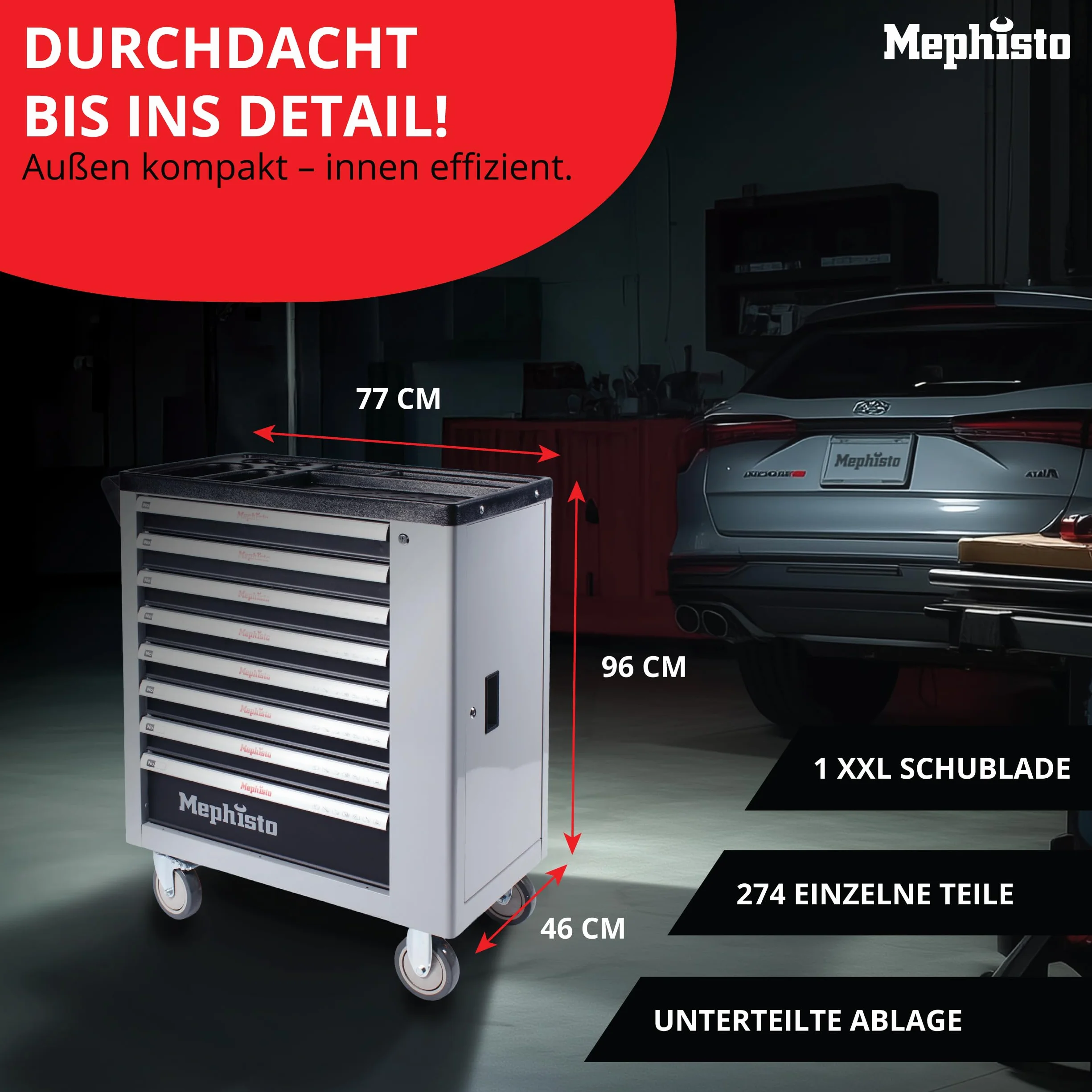 Mephisto Wózek narzędziowy z 8 szufladami z narzędziami, takimi jak klucze, grzechotka z pudełkiem na orzechy, klucz z łbem rury itp. w miękkich wkładach z zamkiem węglowym wypełnionymi szufladami