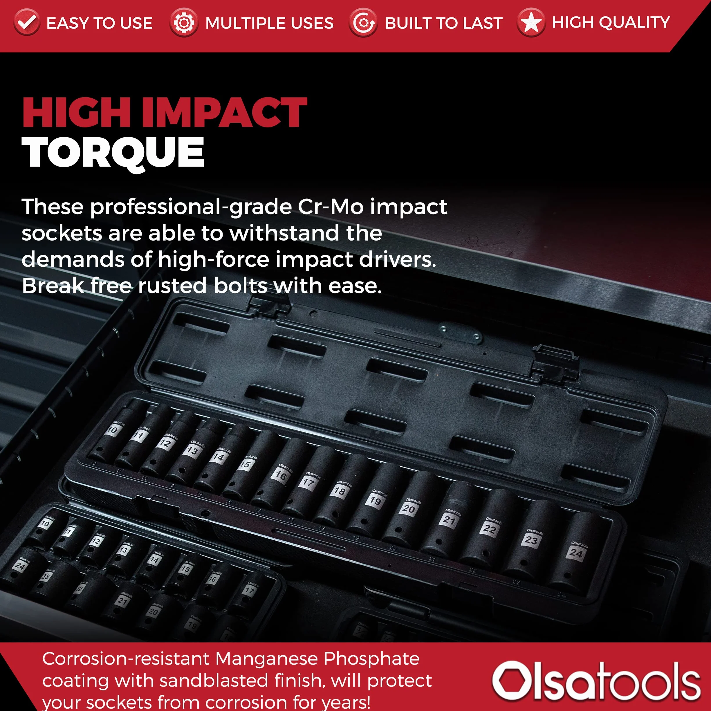 Olsa Tools 1/5.1 cm Drive Cr-Mo zestaw nasadek udarowych | profesjonalny CrMo | 6-punktowy metryczny | 15 szt. 10 mm do 24 mm | oznaczenia o wysokim kontraście | chromowo-molibden | etui do