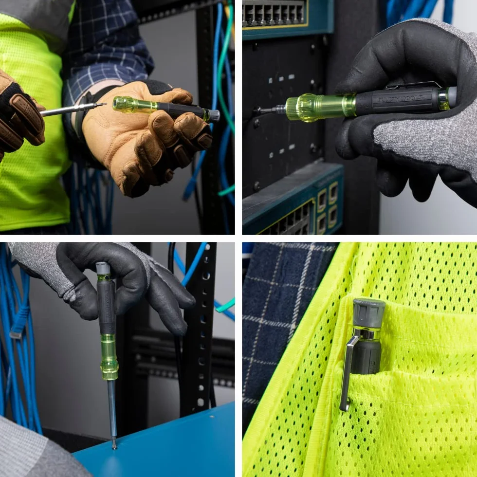 Klein Tools 32613 Precyzyjny śrubokręt, precyzyjny śrubokręt kieszonkowy HVAC 3 w 1 z bitem Schradera, żółty/czarny