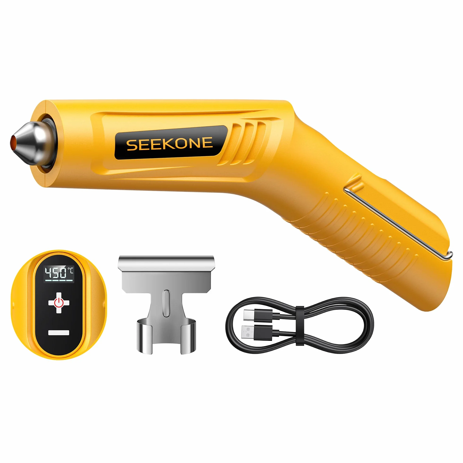 SEEKONE Bezprzewodowa Mini Gorąca Pistolet na Gorące Powietrze, 4 Ustawienia Temp (Maks. 450 °C) z Funkcją Pamięci, 3,6 V Litowa Opalarka, Ładowanie przez USB, z Dyszą Reflektorową, do Majsterk