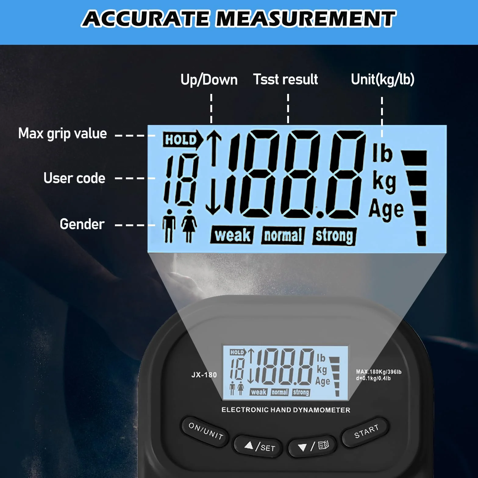 Vegena Cyfrowy miernik siły chwytu, miernik siły chwytu 86 kg / 190 funtów, automatyczny dynamometr ręczny, miernik siły ręcznej z wyświetlaczem LED i kablem USB, ergonomiczny design (czarny)