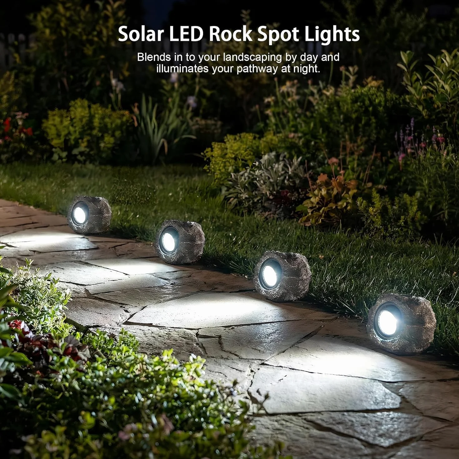 Candieslife Solarne lampy ogrodowe na zewnątrz – IP65 LED wodoodporny reflektor solarny, zasilane energią słoneczną, dekoracyjne lampy ogrodowe z kamienia na ścieżkę, chodnik, podwórko, patio (4