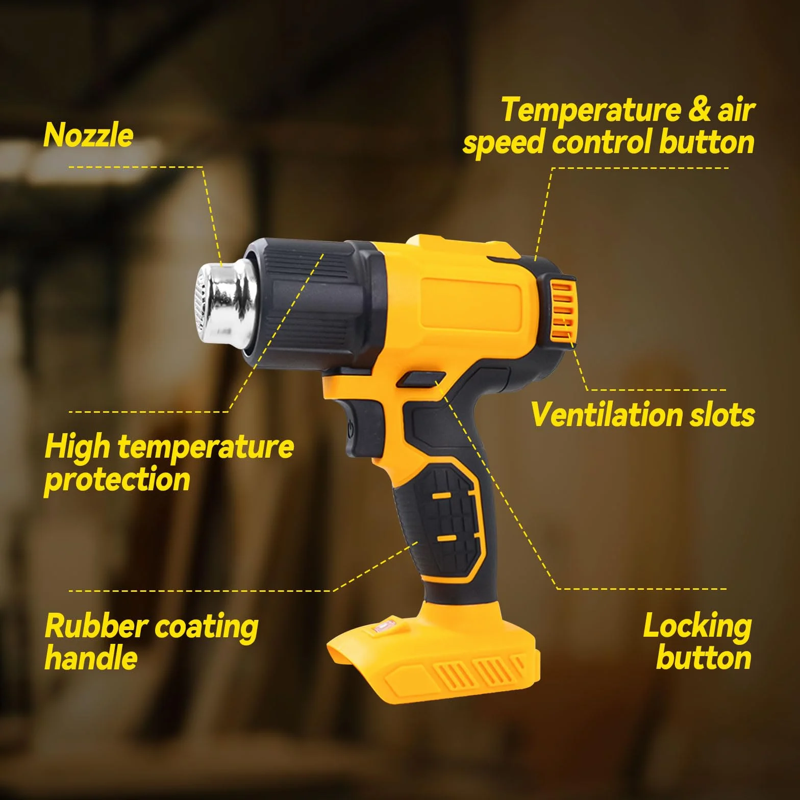 Bezprzewodowa opalarka do baterii DEWALT 20 V, bezprzewodowy pistolet na gorące powietrze z 5 dyszami, ustawienia 2-temperaturowe maks. 550°C, do rur termokurczliwych, folii winylowych, rzemiosła
