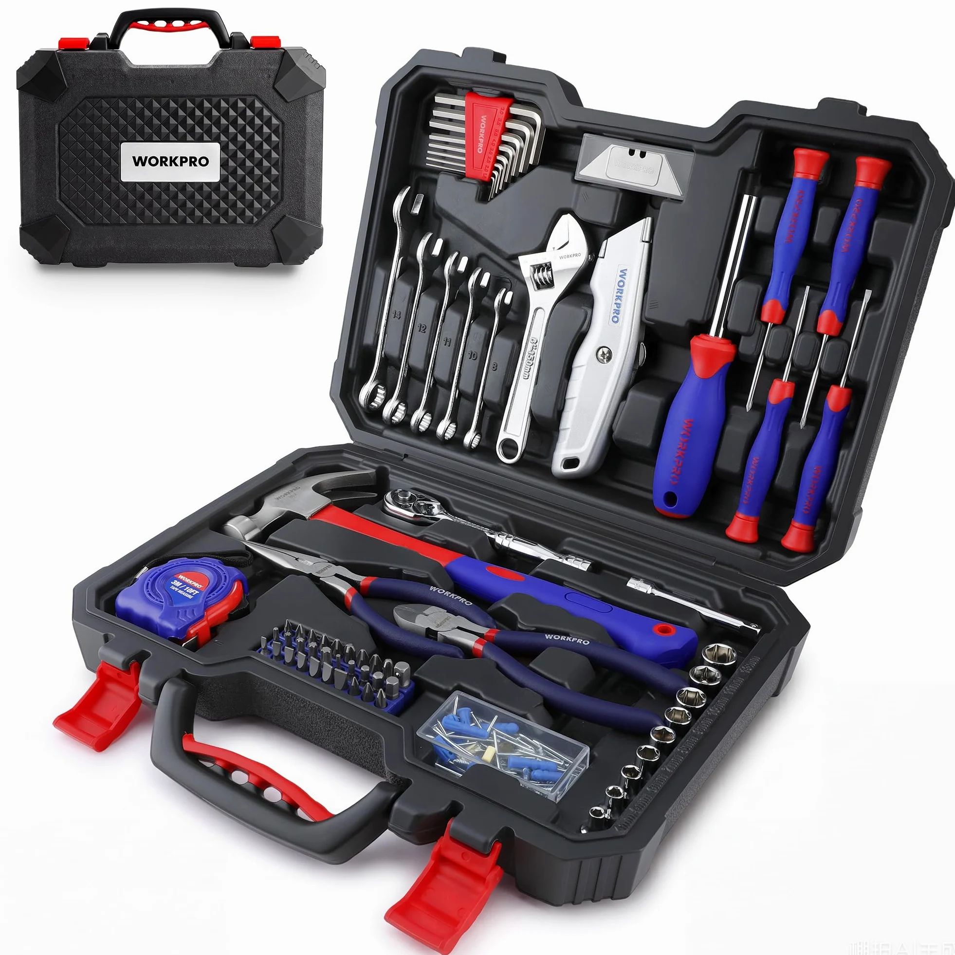 WORKPRO Zestaw narzędzi domowych 106 szt. | Zestaw narzędzi DIY z walizką do przechowywania, w tym śrubokręty, szczypce, klucze, młotek, taśma miernicza, klucz sześciokątny, nóż, uchwyt grzechotkowy i
