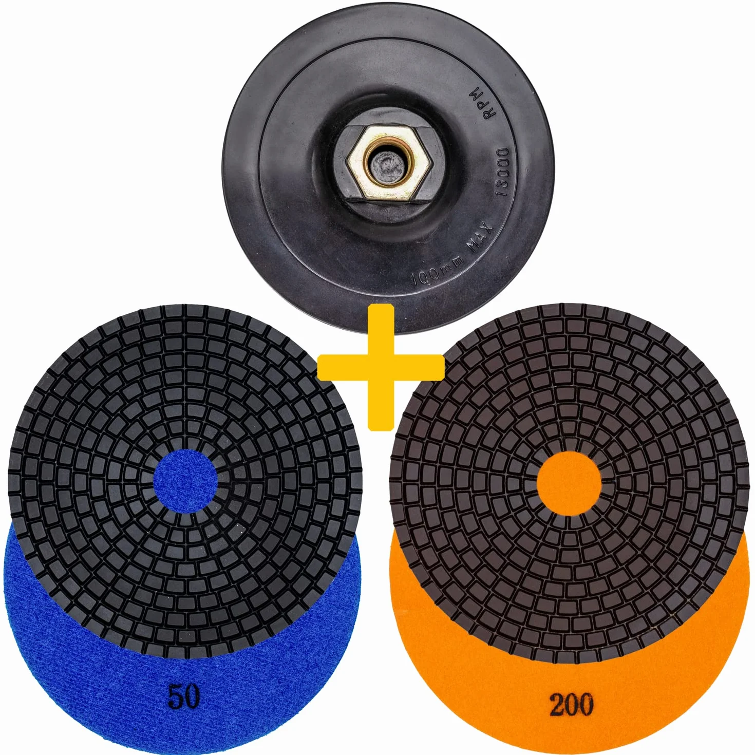 EDW Profesjonalny zestaw diamentowych podkładek szlifierskich NASS, 100 mm, ziarnistość 50 + 200, talerz mocujący na rzep M14, do granitu, kamienia naturalnego, marmuru, szkła