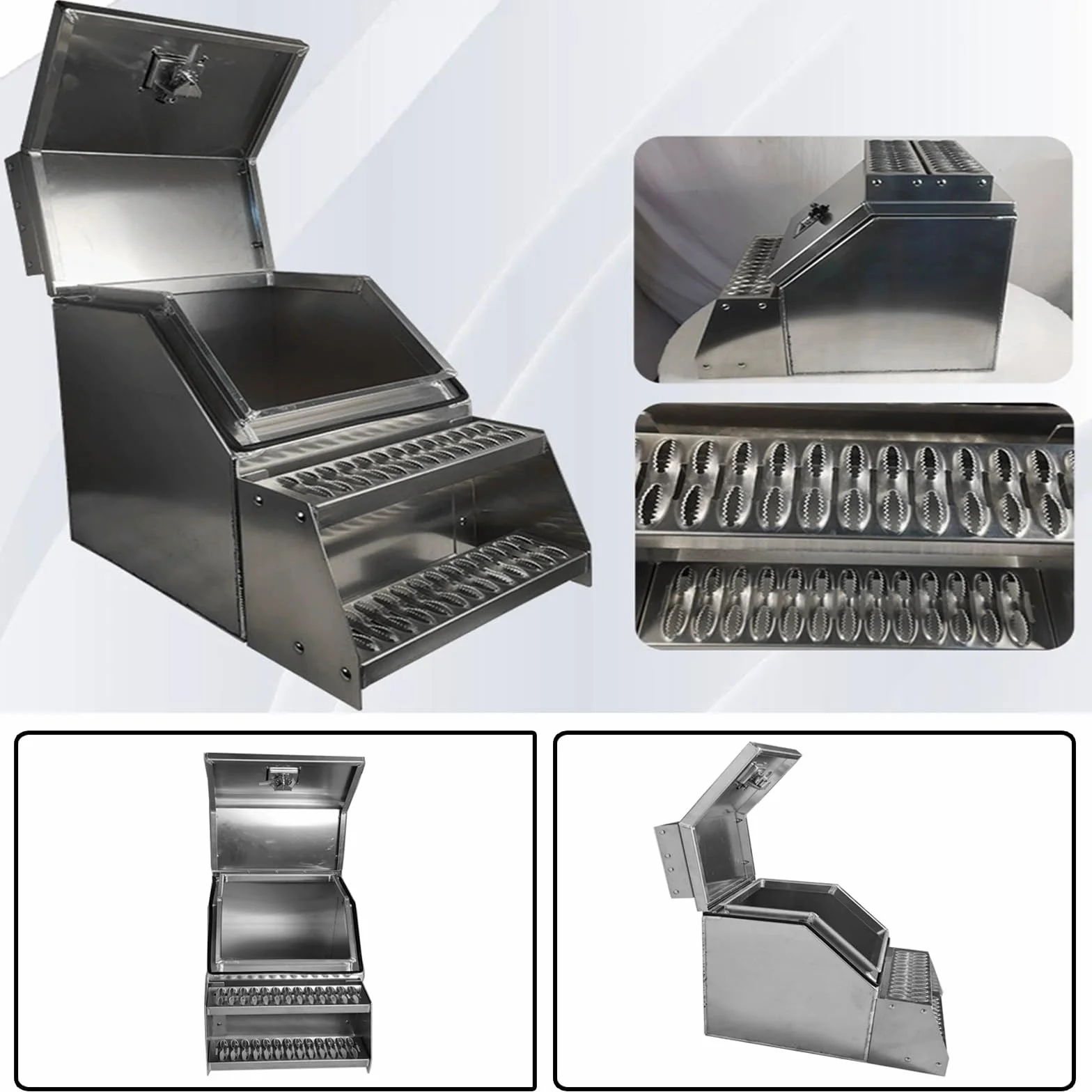 Aluminiowa skrzynka narzędziowa ze stopniami, otwierany od góry organizer do przechowywania z zamkiem w kształcie litery T i kluczem, do przyczepy kempingowej