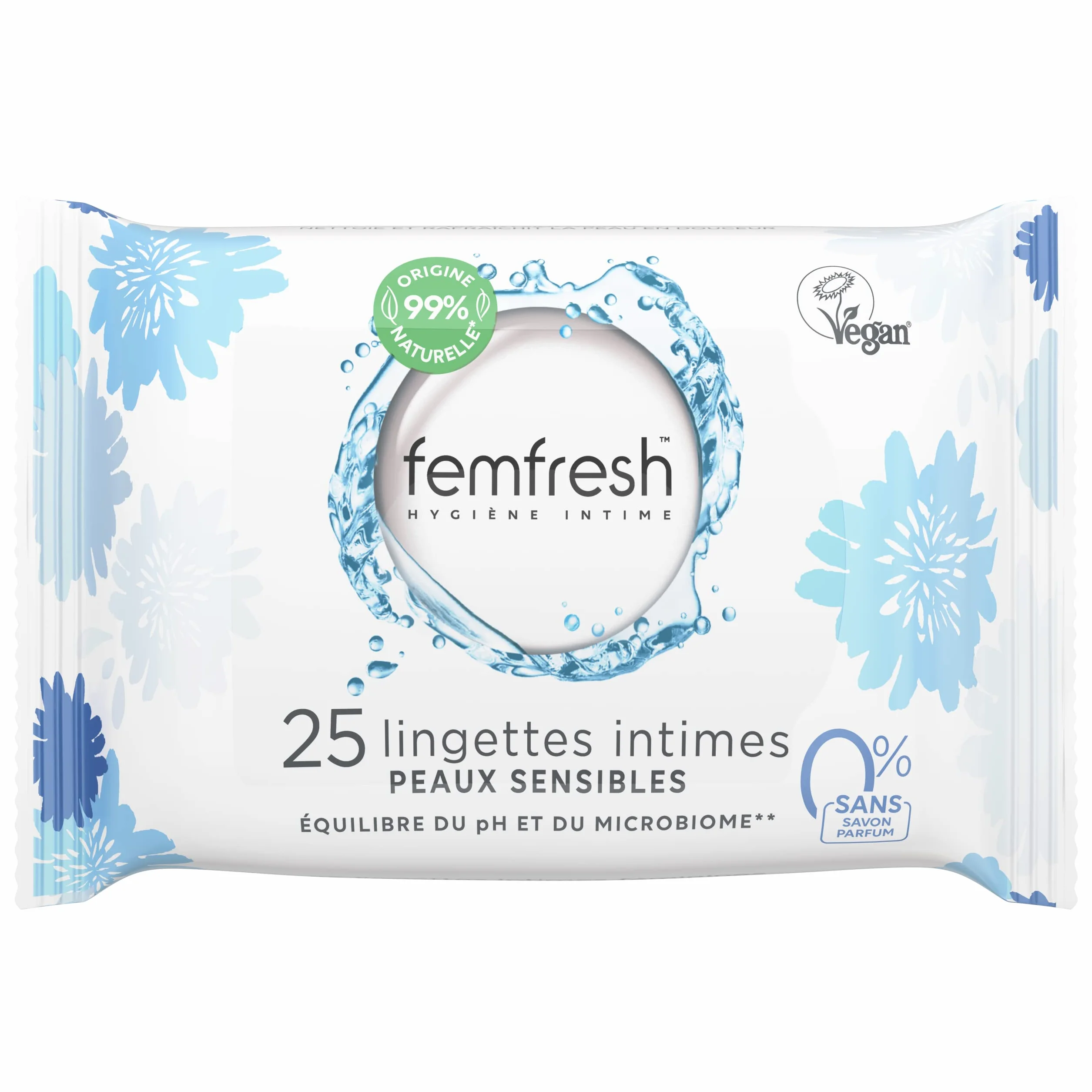 Femfresh - Chusteczki intymne do skóry wrażliwej 0%, aloes i nagietek - 25 chusteczek