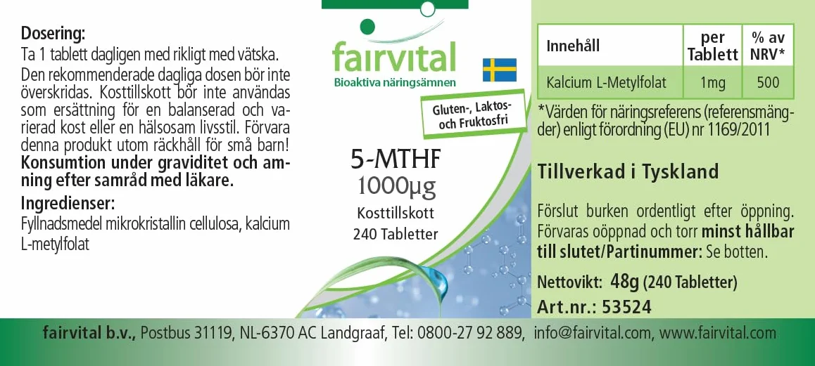 Fairvital | 5-MTHF - 240 tabletek - 1mg na tabletkę - bioaktywny kwas foliowy - płodność i ciąża - sprawdzona jakość i wysoka dawka - 100% wegańskie - wyprodukowano w Niemczech