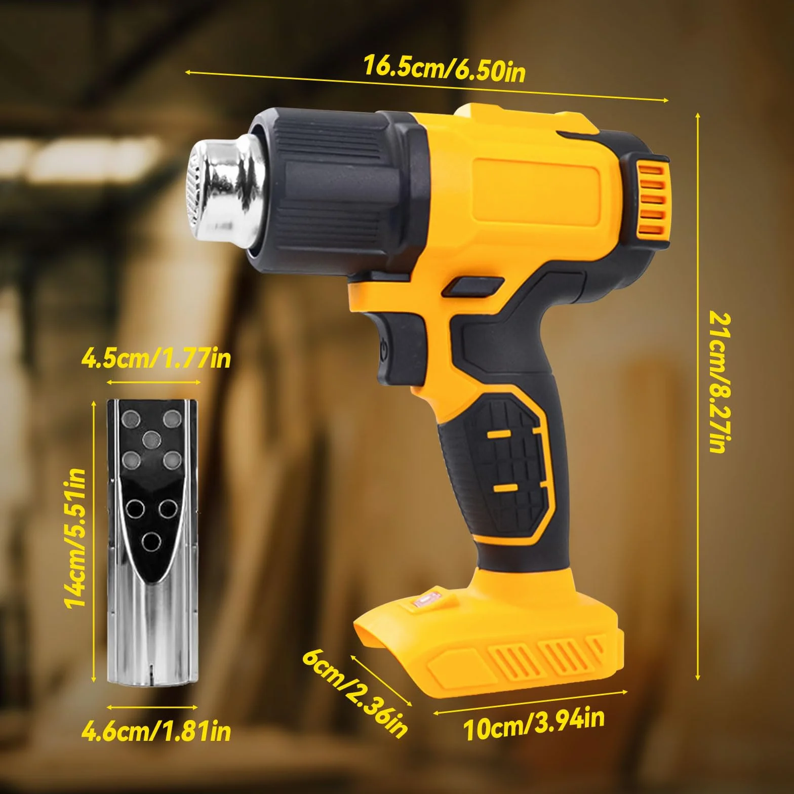 Bezprzewodowa opalarka do baterii DEWALT 20 V, bezprzewodowy pistolet na gorące powietrze z 5 dyszami, ustawienia 2-temperaturowe maks. 550°C, do rur termokurczliwych, folii winylowych, rzemiosła