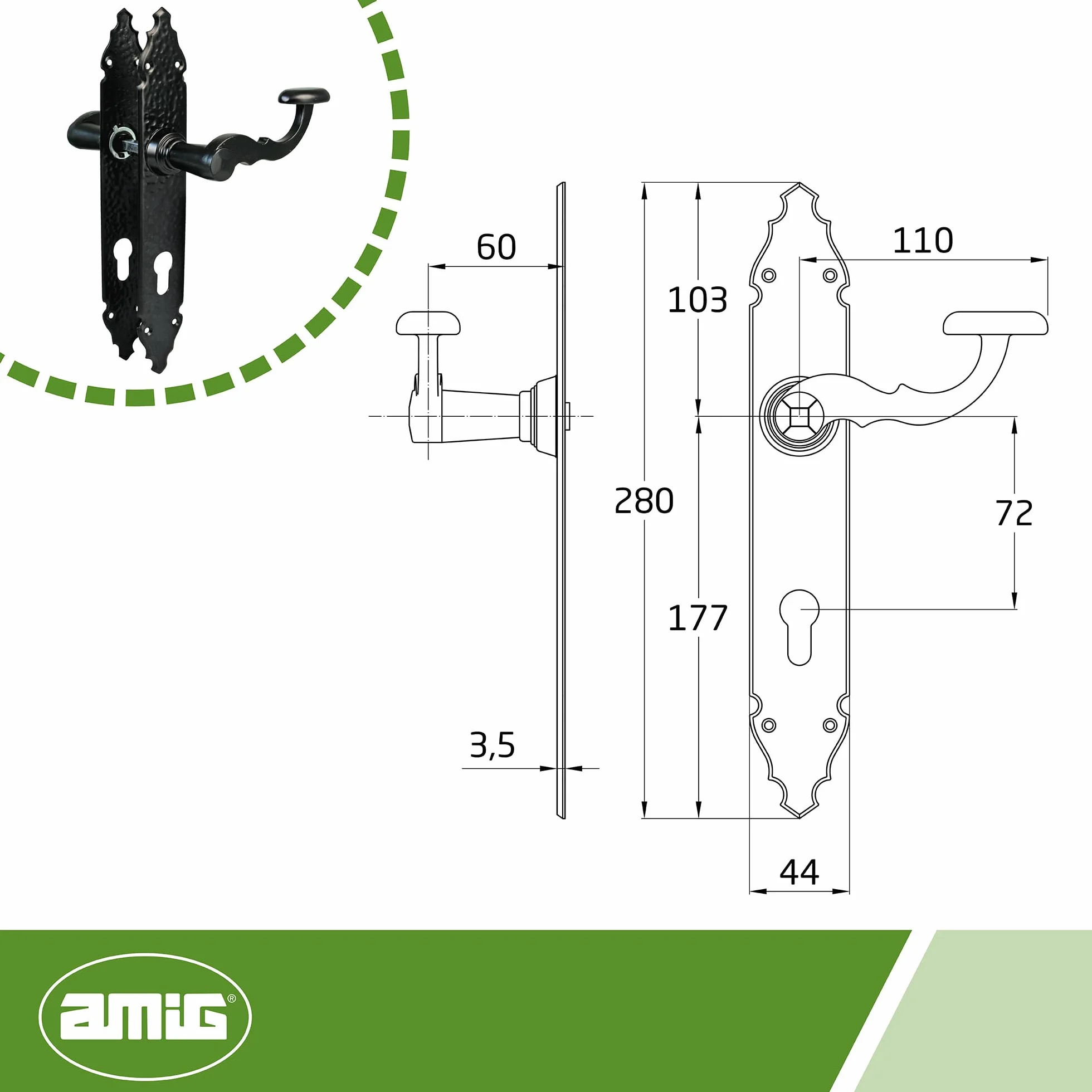 Amig Zestaw uchwytów mod. 100 PB 280 x 44 mm Klamka Zamak stalowa płytka czarne wykończenie Europrofilowa Czworokąt 8 mm Rustykalny ręcznie kuty styl