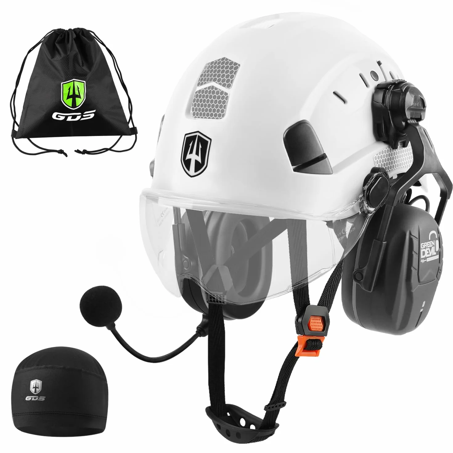 GREEN DEVIL Mervex Vent kask ochronny z aktywną ochroną słuchu i przezroczystym wizjerem, kask roboczy ABS, EN 397, kask przemysłowy zgodny z normą EN352 SNR 32 dB z Bluetooth