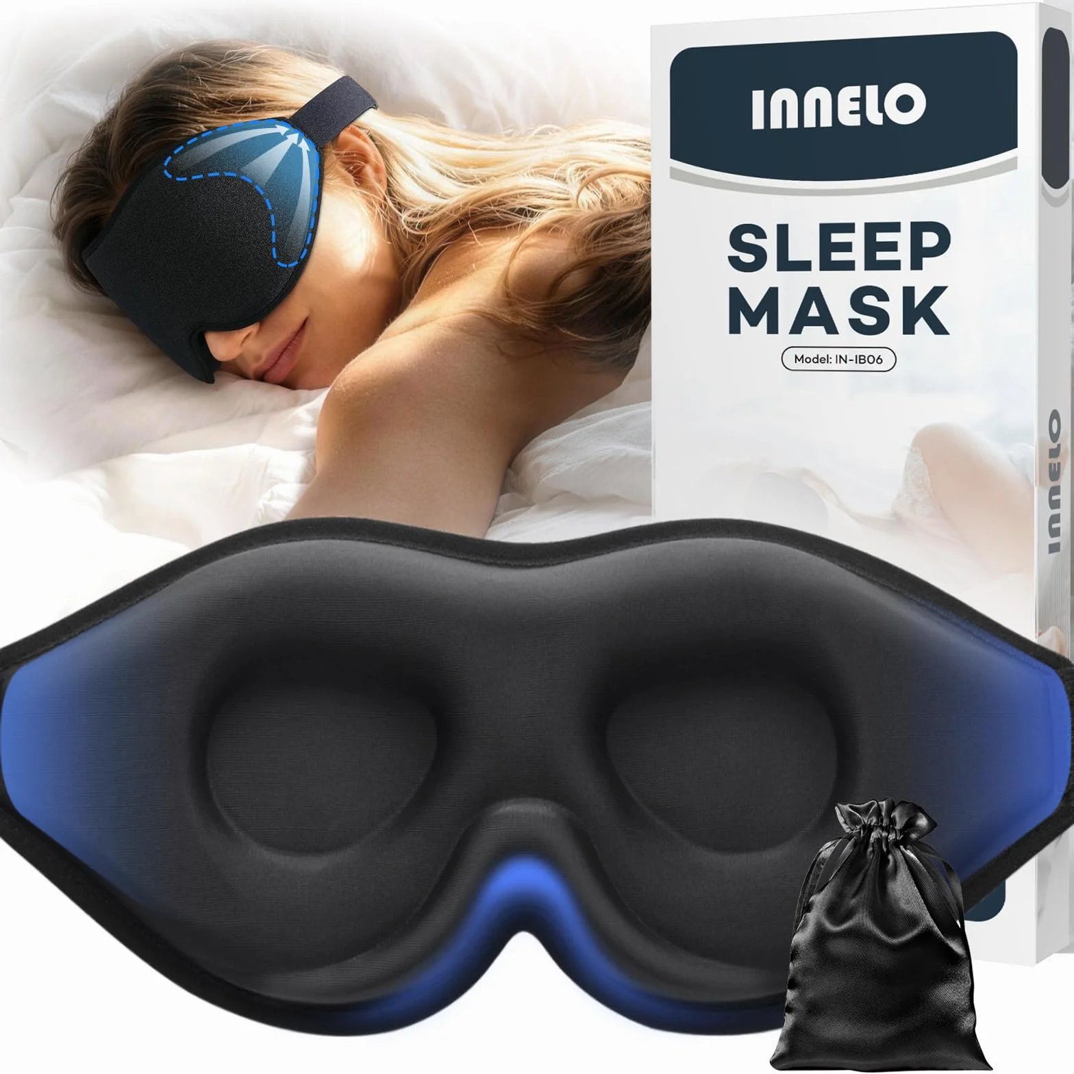 Innelo Maska do spania 3D, 100% nieprzejrzysta, z zapadniętym obszarem oczu, miękka i wygodna, z torbą, dla kobiet i mężczyzn, idealna do podróży (czarna)