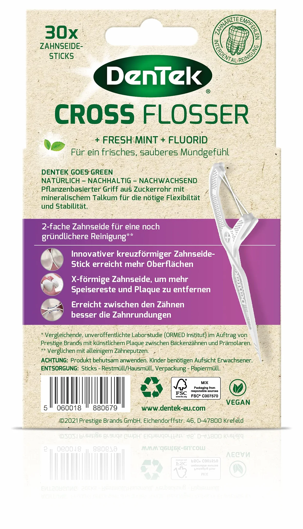 Dentek Cross Flosser – patyczki z nicią dentystyczną na bazie roślin – odporne na rozerwanie – czyszczenie przestrzeni międzyzębowych – smak mięty – fluorek – wykałaczki, 1 x 30 szt