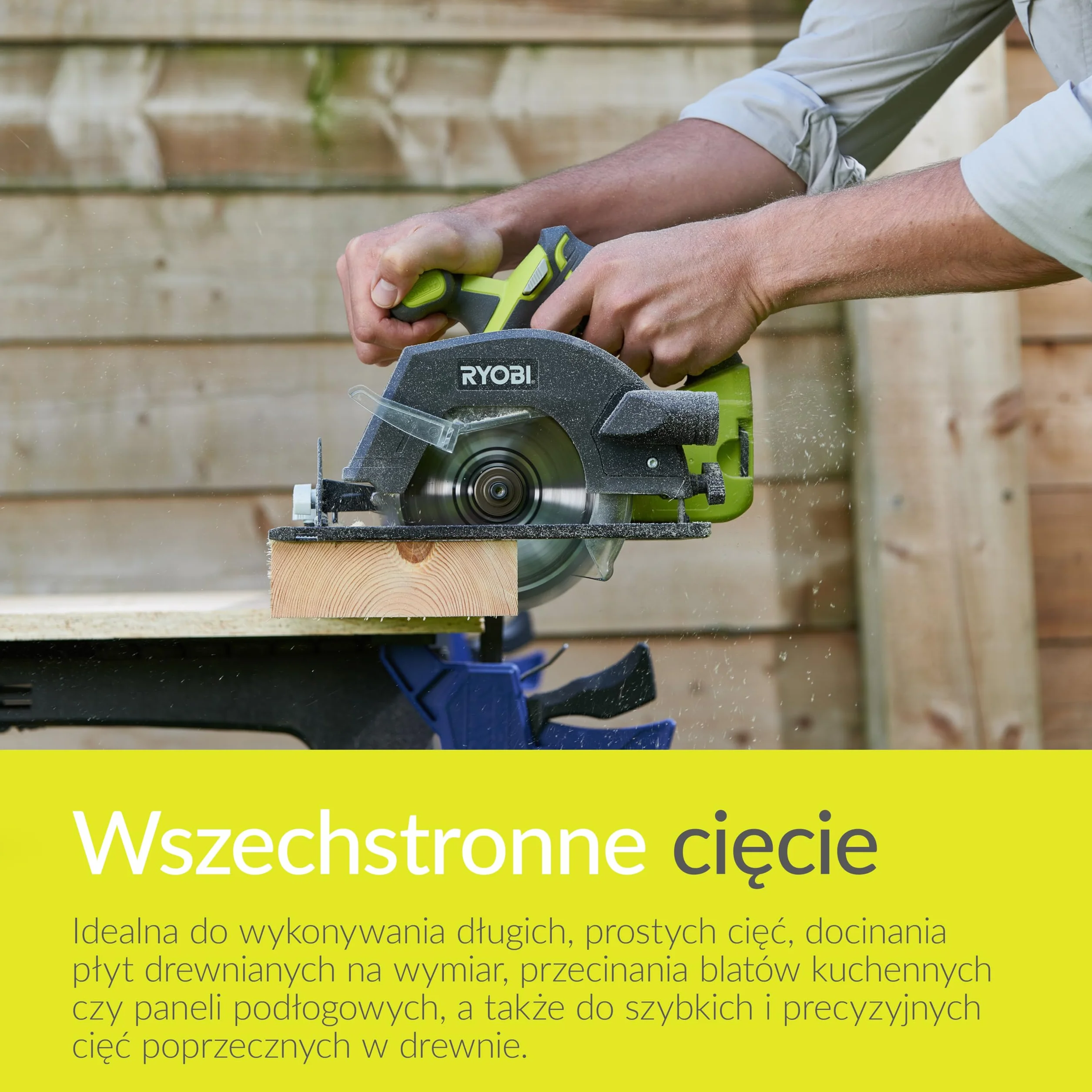 Ryobi Pilarka tarczowa 18V, R18CSP-0, średnica tarczy 150 mm, regulacja kąta 0-56 stopni, głębokość cięcia 45 mm przy 90 stopniach oraz 32 mm przy 45 stopniach, wersja bez akumulatora i ładowarki