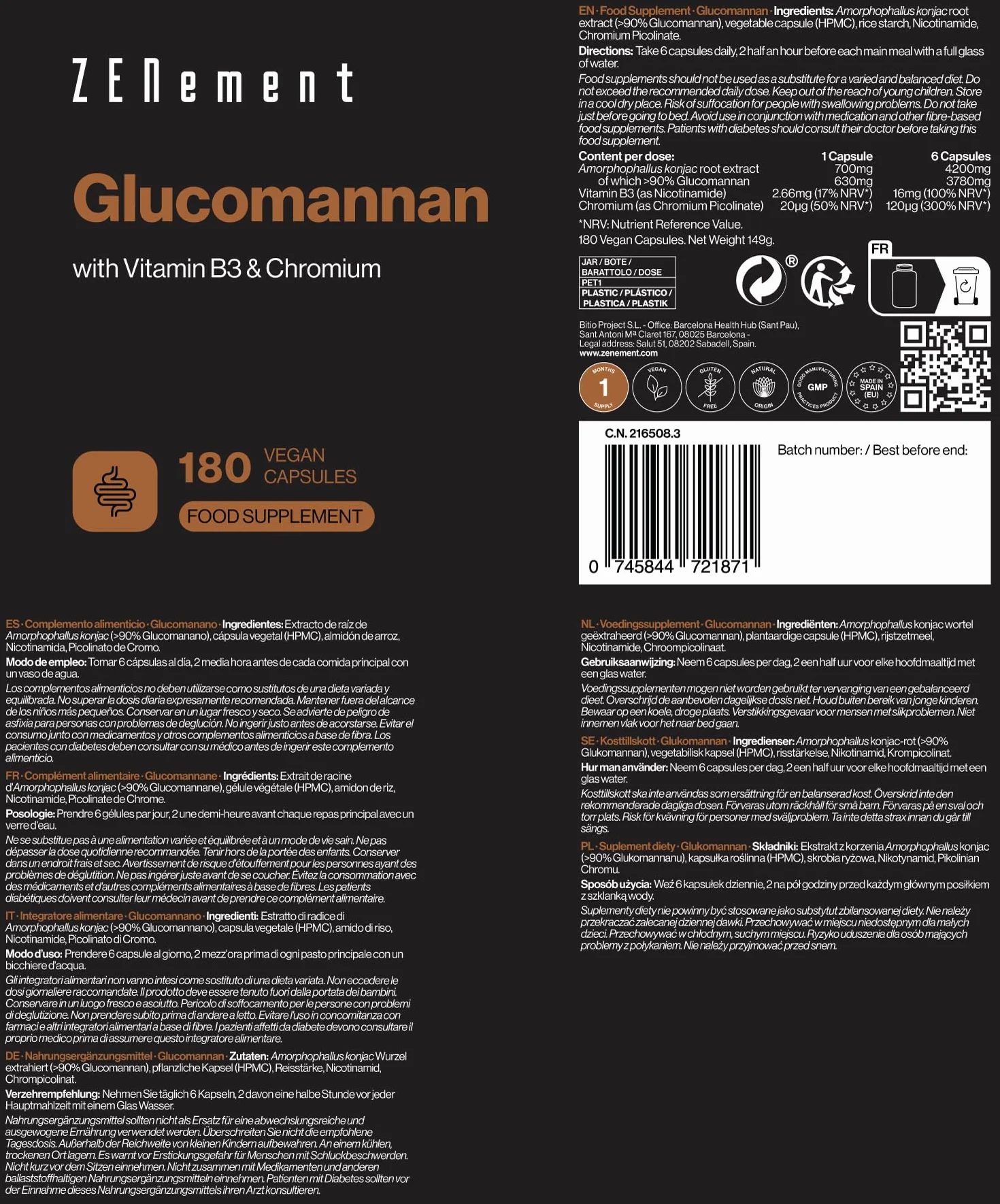 Glucomannan 4200 mg na Dawkę Dziennej z Witaminą B3 i Chromem – Błonnik z Korzenia Konjaku – Wspomaga Kontrolę Wagi – 180 Kapsułek Wegańskich – Zenement