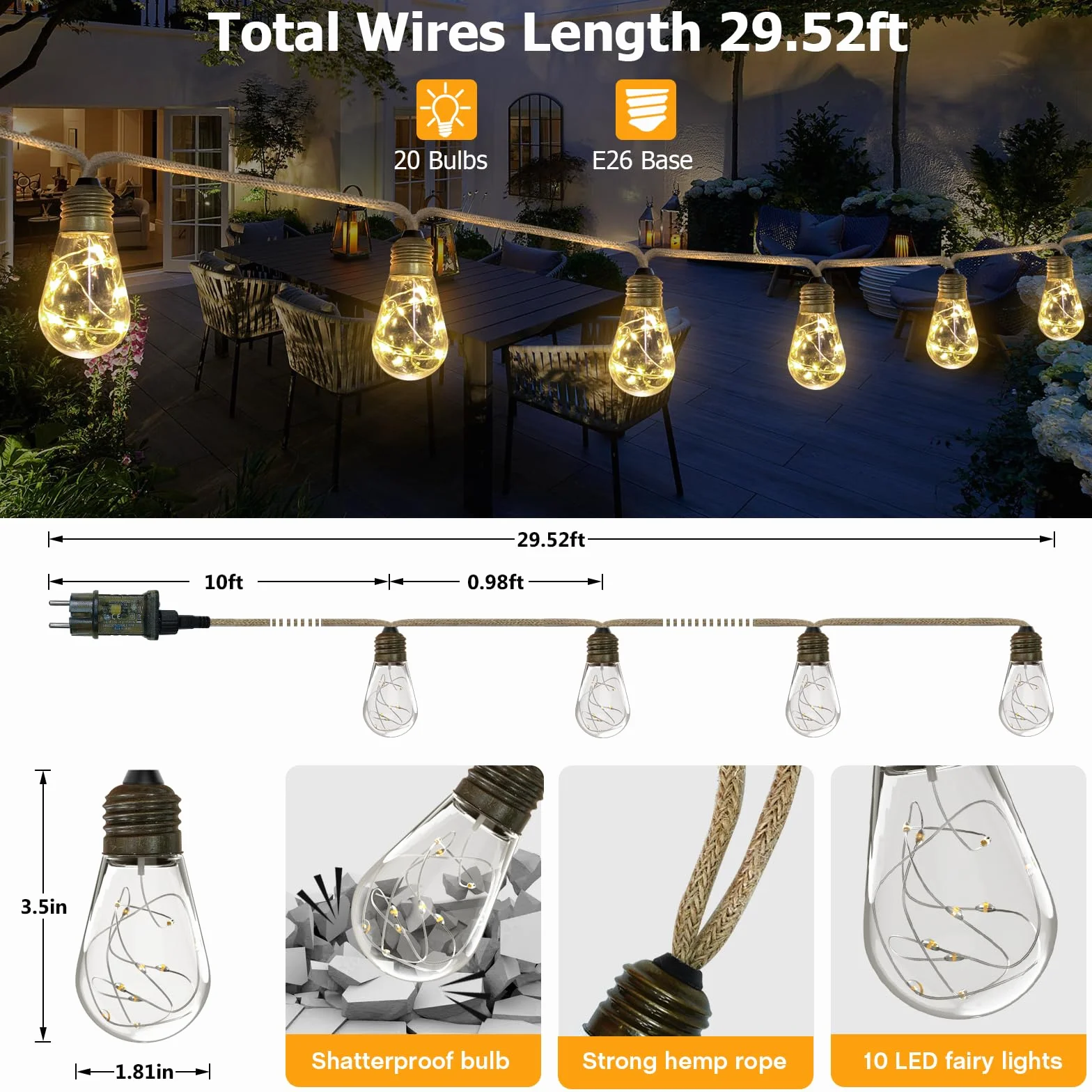 AGOTD łańcuch świetlny LED do użytku wewnątrz i na zewnątrz, 6 m, łańcuch świetlny vintage zasilany prądem z liną konopną, 20 diod LED, 8 trybów, dekoracja do ogrodów, na przyjęcia, balkonu, wesela
