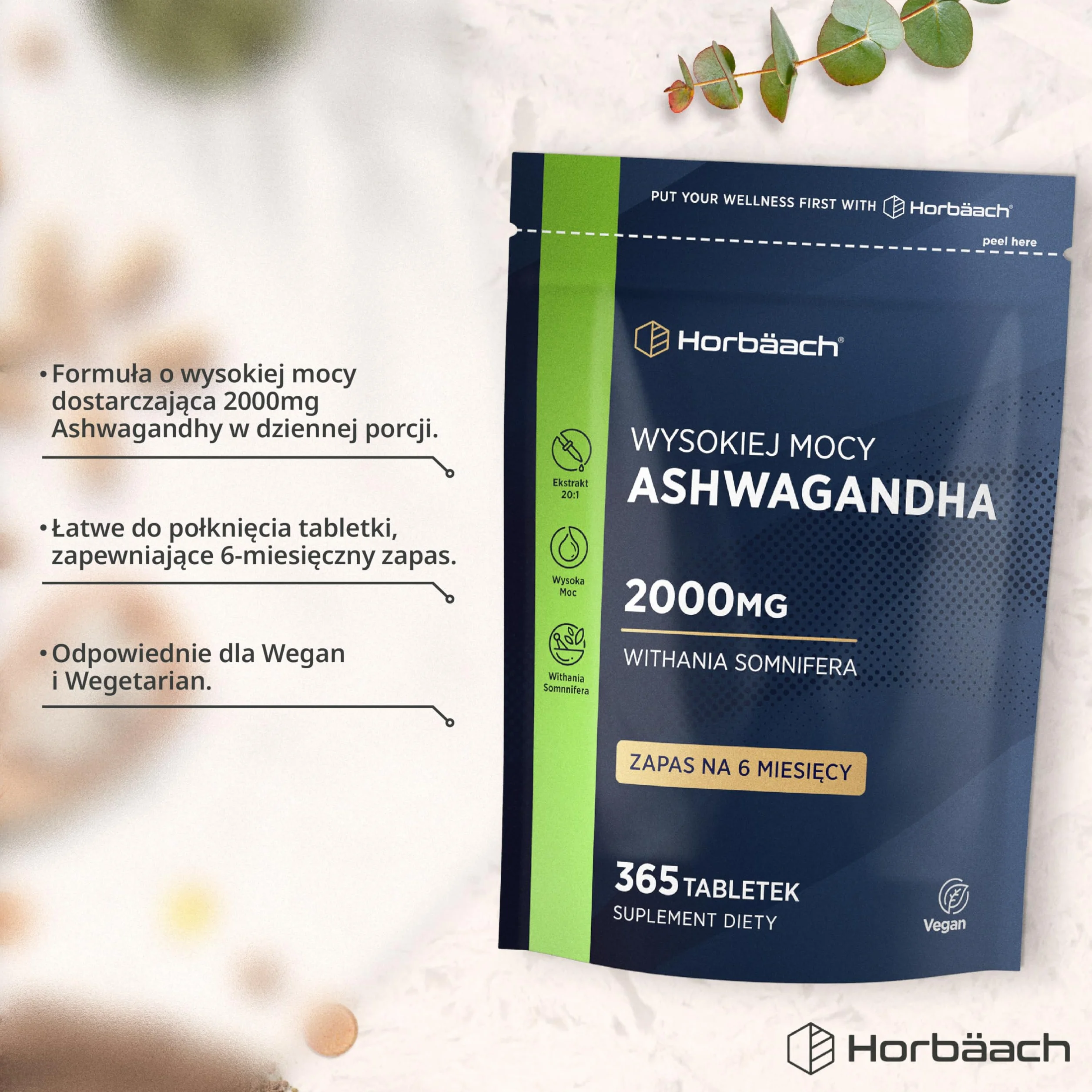 Ashwagandha KSM-66® 1200mg (BIO) | 5% Witanolidów | Organiczny Suplement w Proszku z Korzenia Ashwagandhy | Wysoka moc | 180 Kapsułek Wegańskich | marki Horbaach