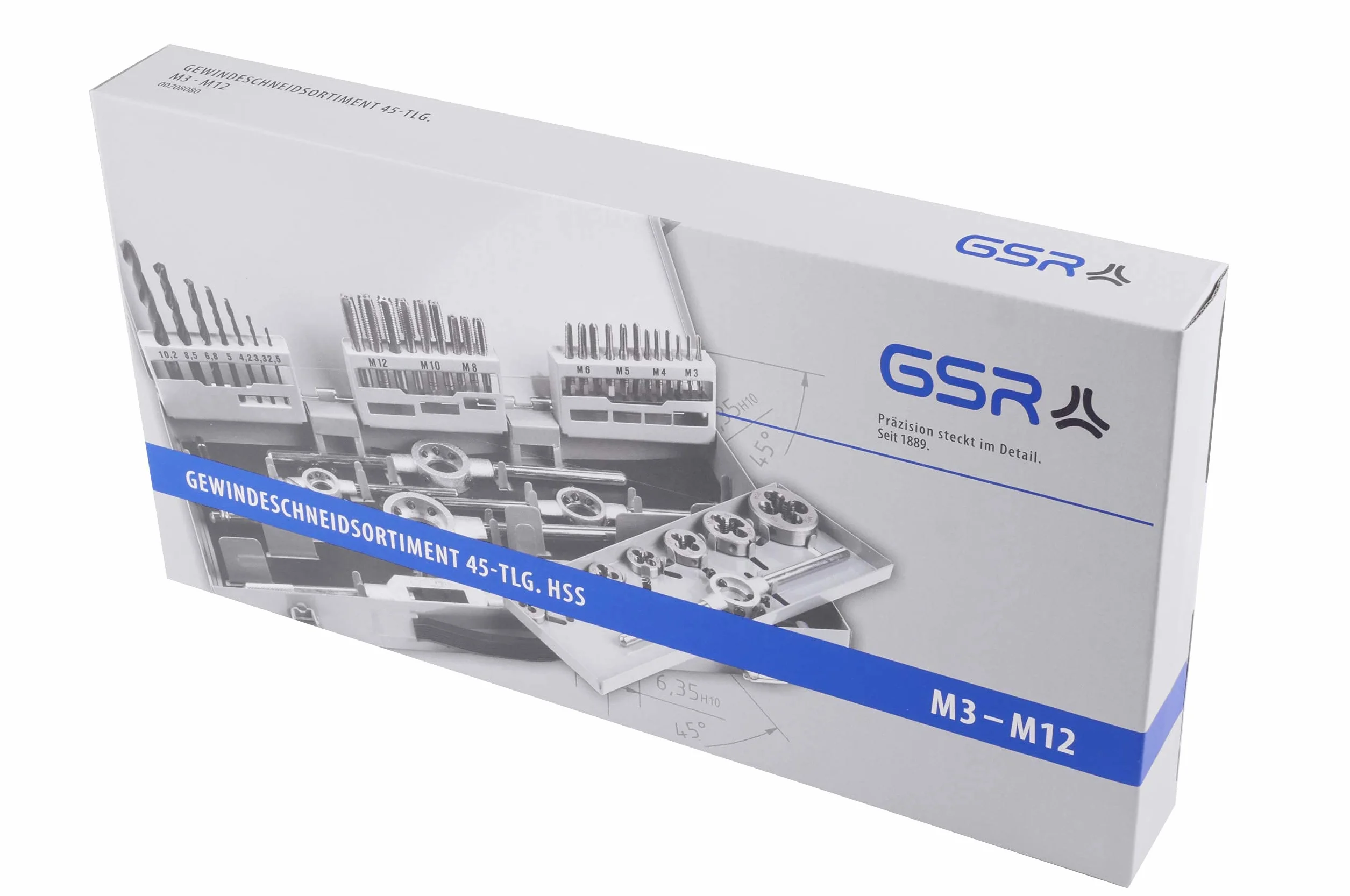 GSR Profesjonalny asortyment gwintowników, 45-częściowy, zestaw gwintowników metrycznych, zestaw gwintowników HSS-G, M3-M12, gwintowniki i narzynki, wiertło rdzeniowe, narzędzia mocujące, ze stalową