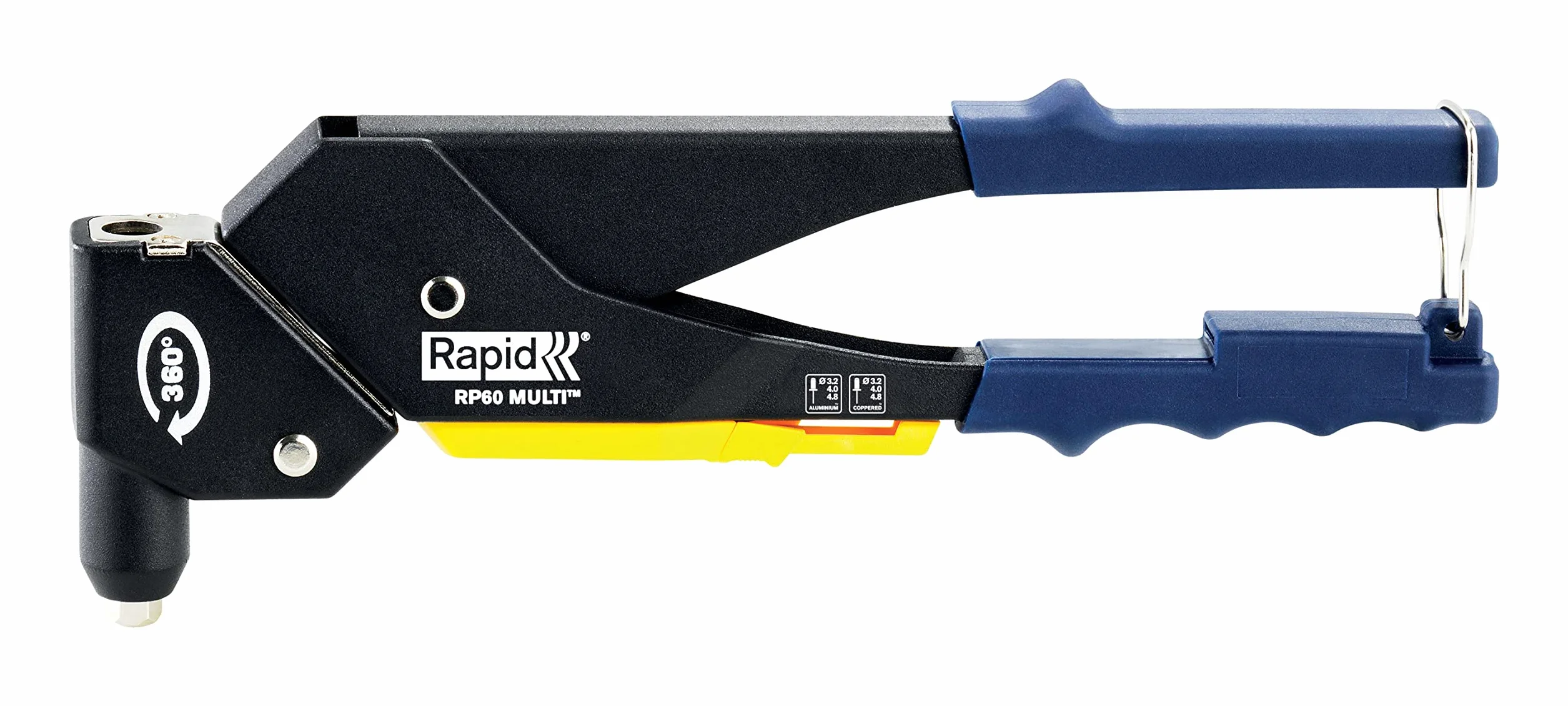 Rapid Nity zrywalne RP60 Multi, szczypce do nitowania z głowicą obracającą się o 360°, uniwersalny ustnik i zintegrowany system pomiarowy, do nitów aluminiowych 3,2 – 4,8 mm