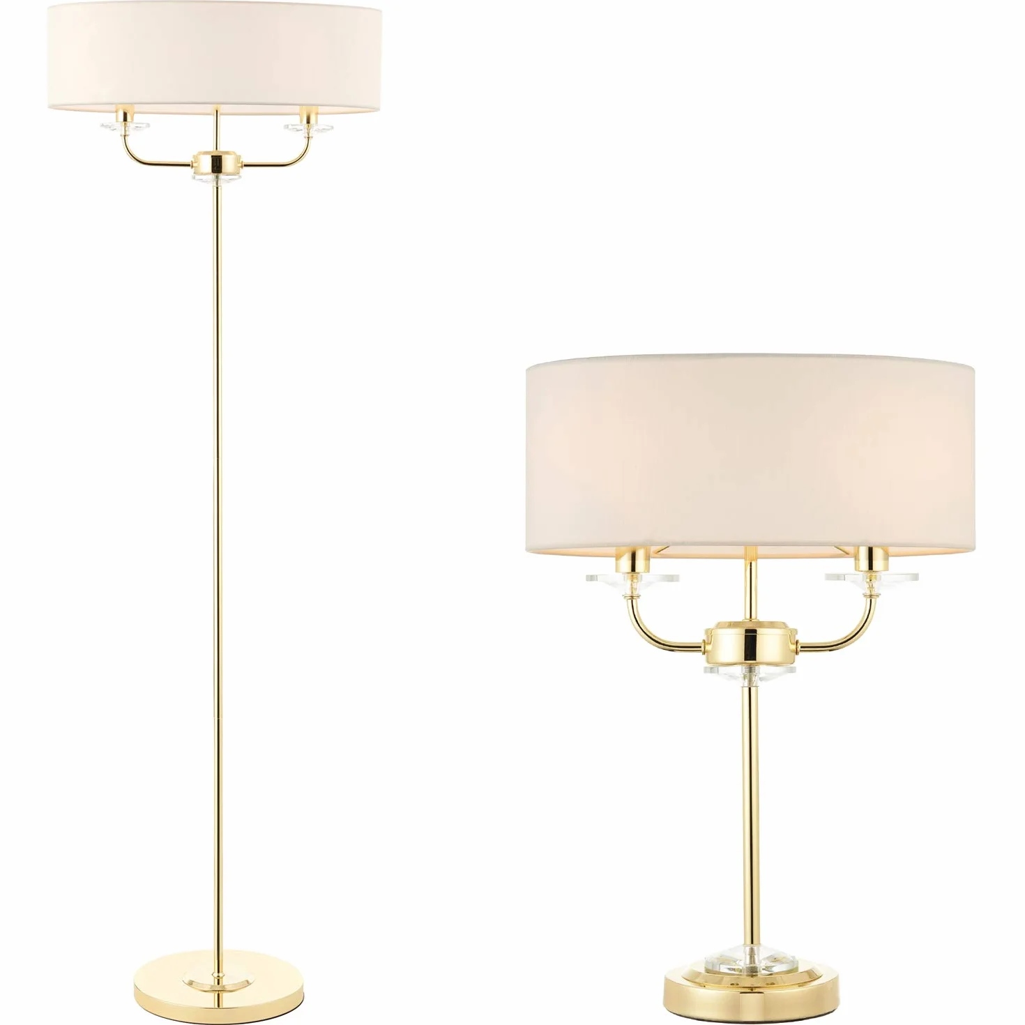 1570 mm podłoga i 540 mm pasujący zestaw lamp stołowych | Mosiądz, kryształ i vintage biały odcień Twin | Nowoczesny styl ładny salon salon sypialnia przy łóżku podwójne światło zestaw | Wolnostojący