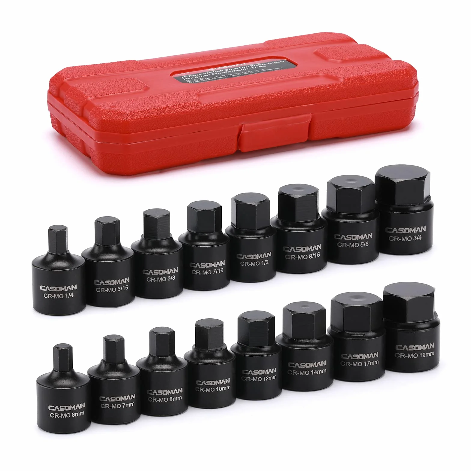 CASOMAN 16-częściowy zestaw wkrętarek udarowych o niskim profilu 3/8", Cr-Mo, 6 mm-19 mm, zestaw nasadek sześciokątnych