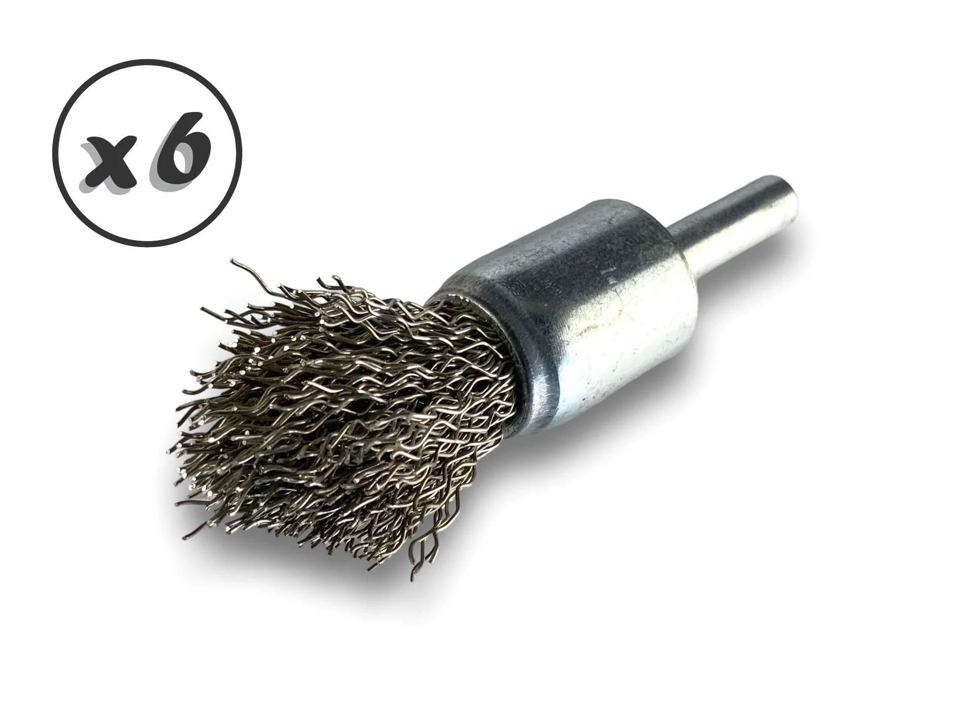 KIBROS 20TC18x6 zestaw 6 szczotek drucianych z końcówką na trzonku | Ø 18 mm | twarda stal nierdzewna 0,40 mm | kształt końcówki | do wiertarki lub wiertarko-wkrętarki | szczotkowanie i bejcowanie |