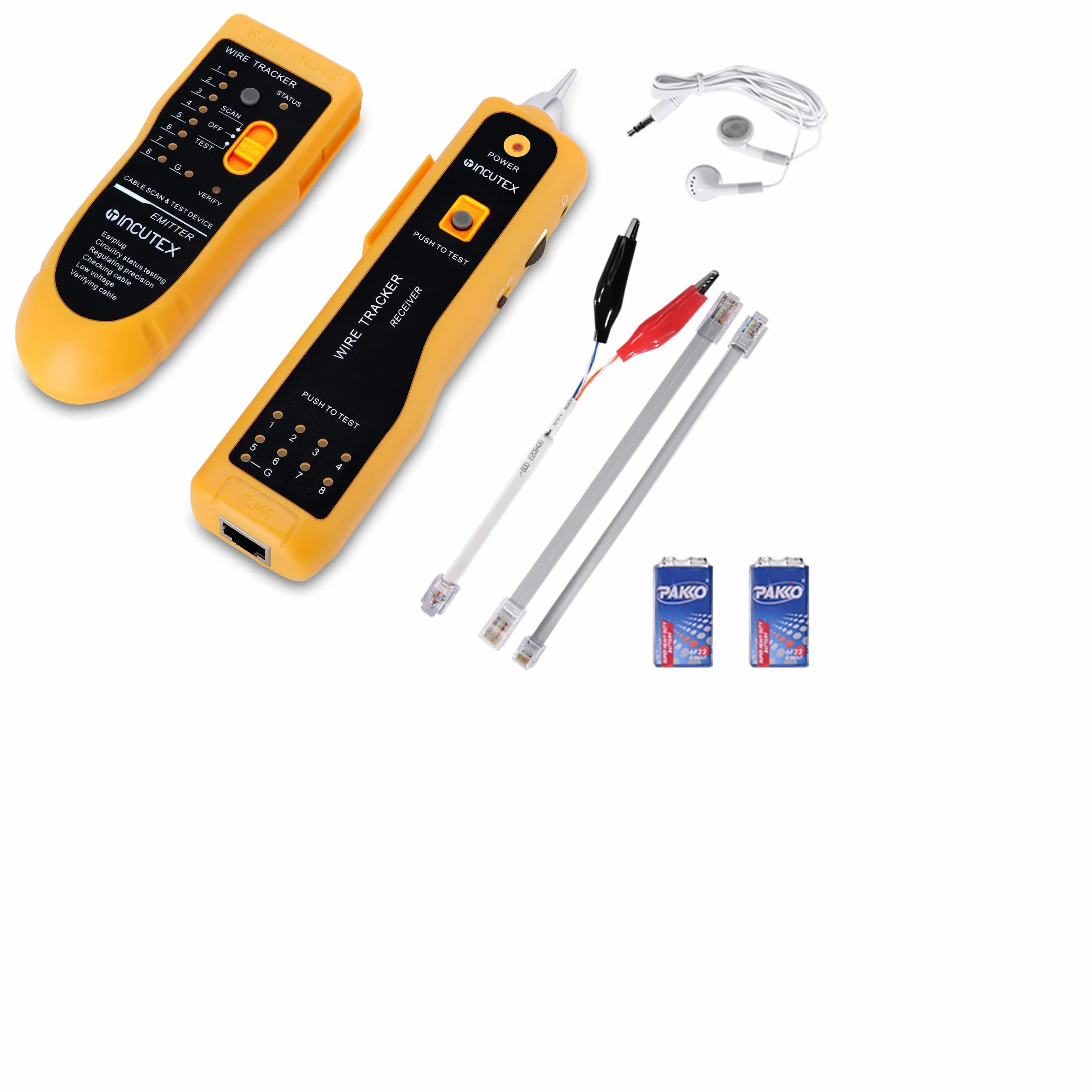 Incutex Tester ciągłości obwodów elektrycznych, LAN RJ45/RJ11, kable telefoniczne Cat5 Cat6 Ethernet, lokalizator kable sieciowe lub zasilające z diodą LED i słuchawkami, baterie w zestawie