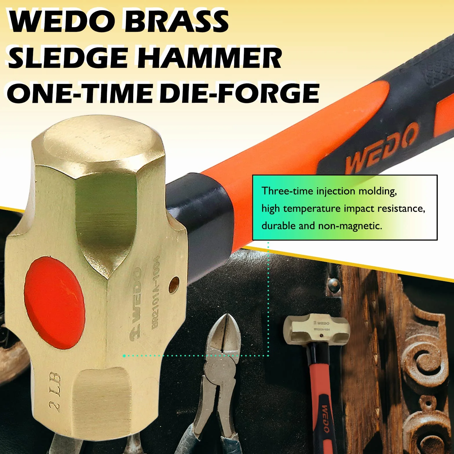 WEDO Mosiężny młot kowalski z uchwytem z włókna szklanego, niemagnetyczny, matrycowy, odporny na korozję, standard DIN, 0.9 kg, 350 mm, 35.6 cm