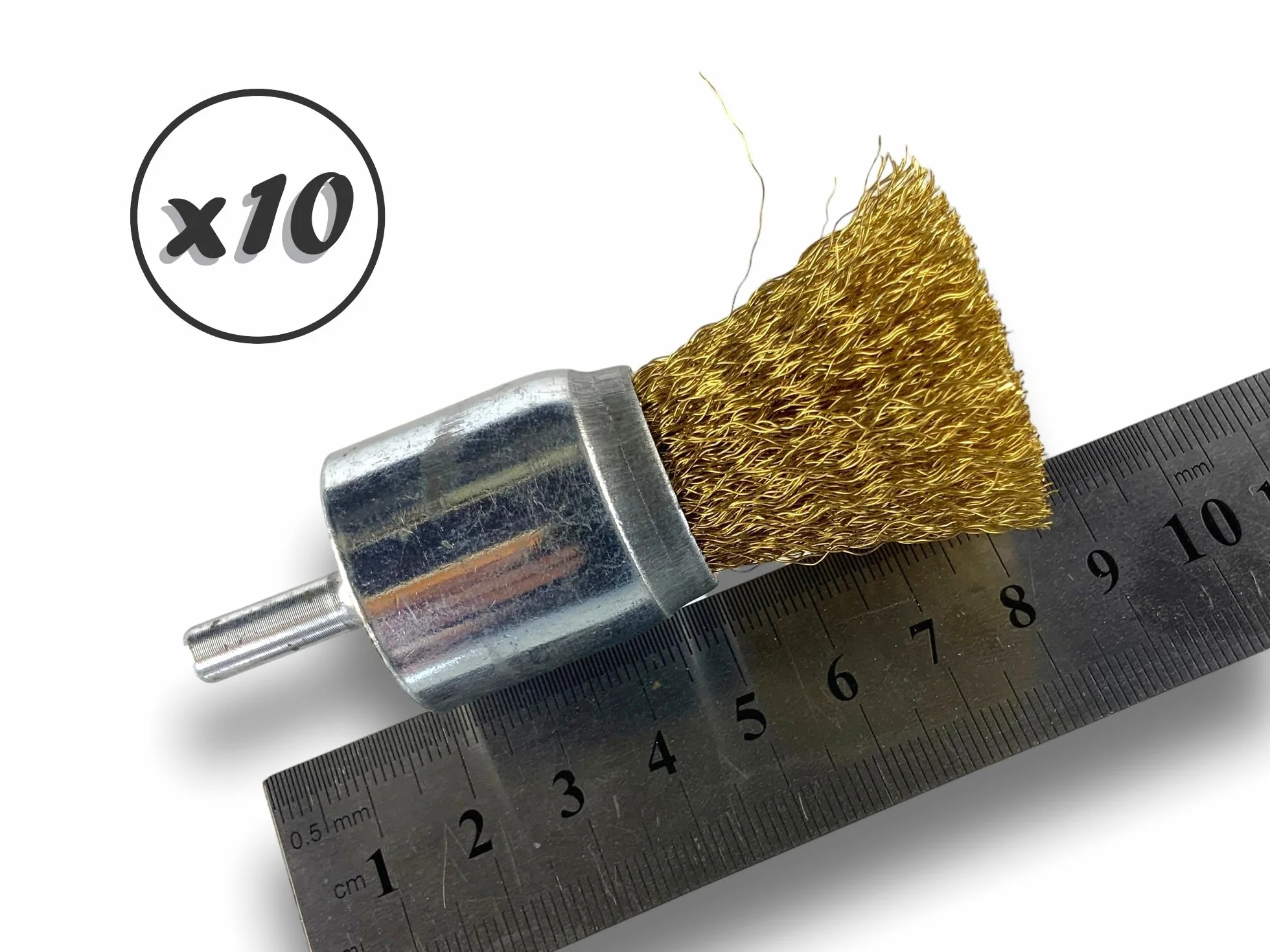 Zestaw 10 metalowych szczoteczek obrotowych z końcówką Ø 28 mm | Kształt pędzla na trzonku Ø 6 mm | Drut LAITON Ø 0,20 mm miękki | Do wiertarki lub wkrętarki z uchwytem | Szczotkowanie i zdejmowanie |