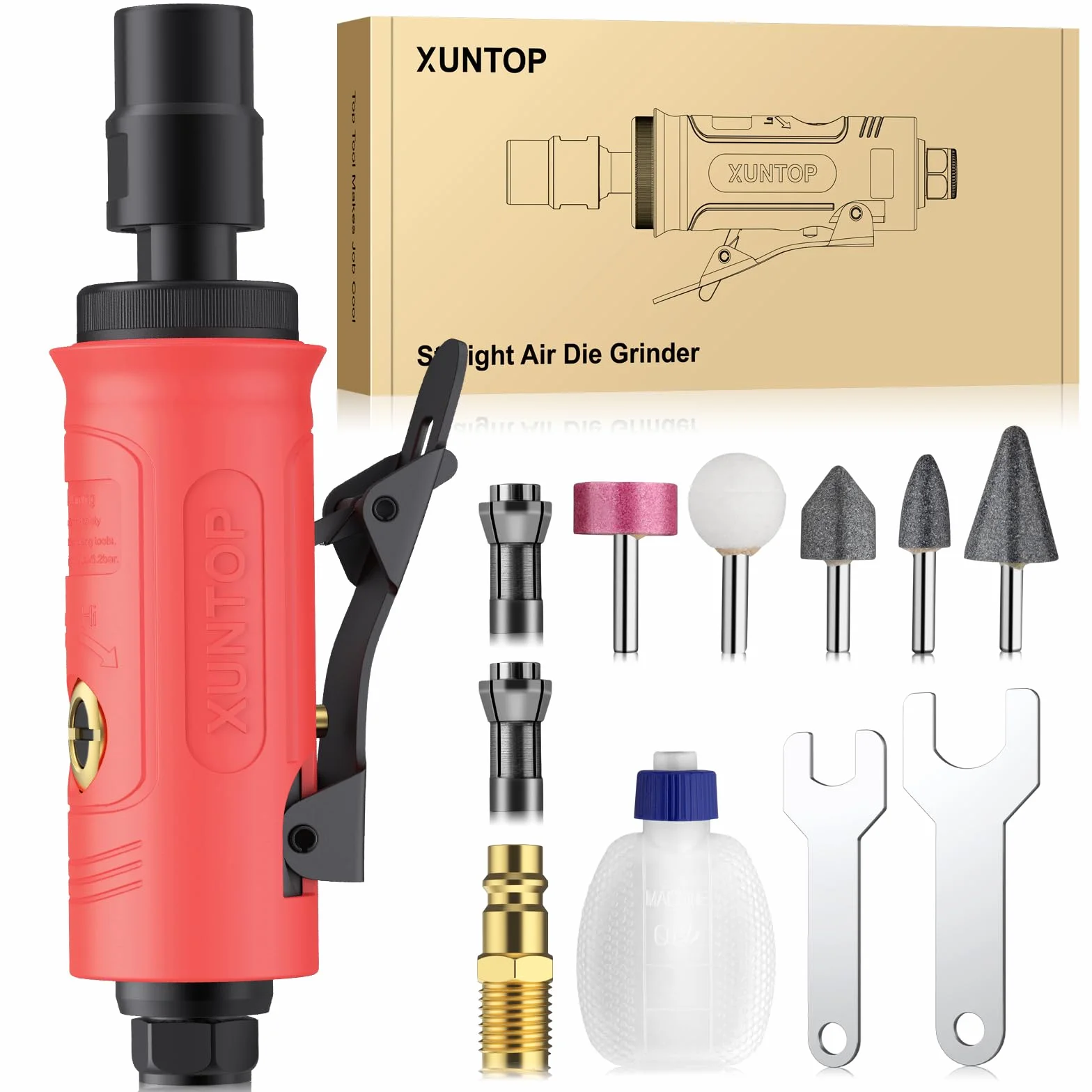 XUNTOP Szlifierka pneumatyczna 1/4" prosta szlifierka pneumatyczna 25000 obr./min szlifierka pneumatyczna do szlifowania szlifowania polerskiego naprawa z 1/4" i 1/8" szczypcami zaciskowymi