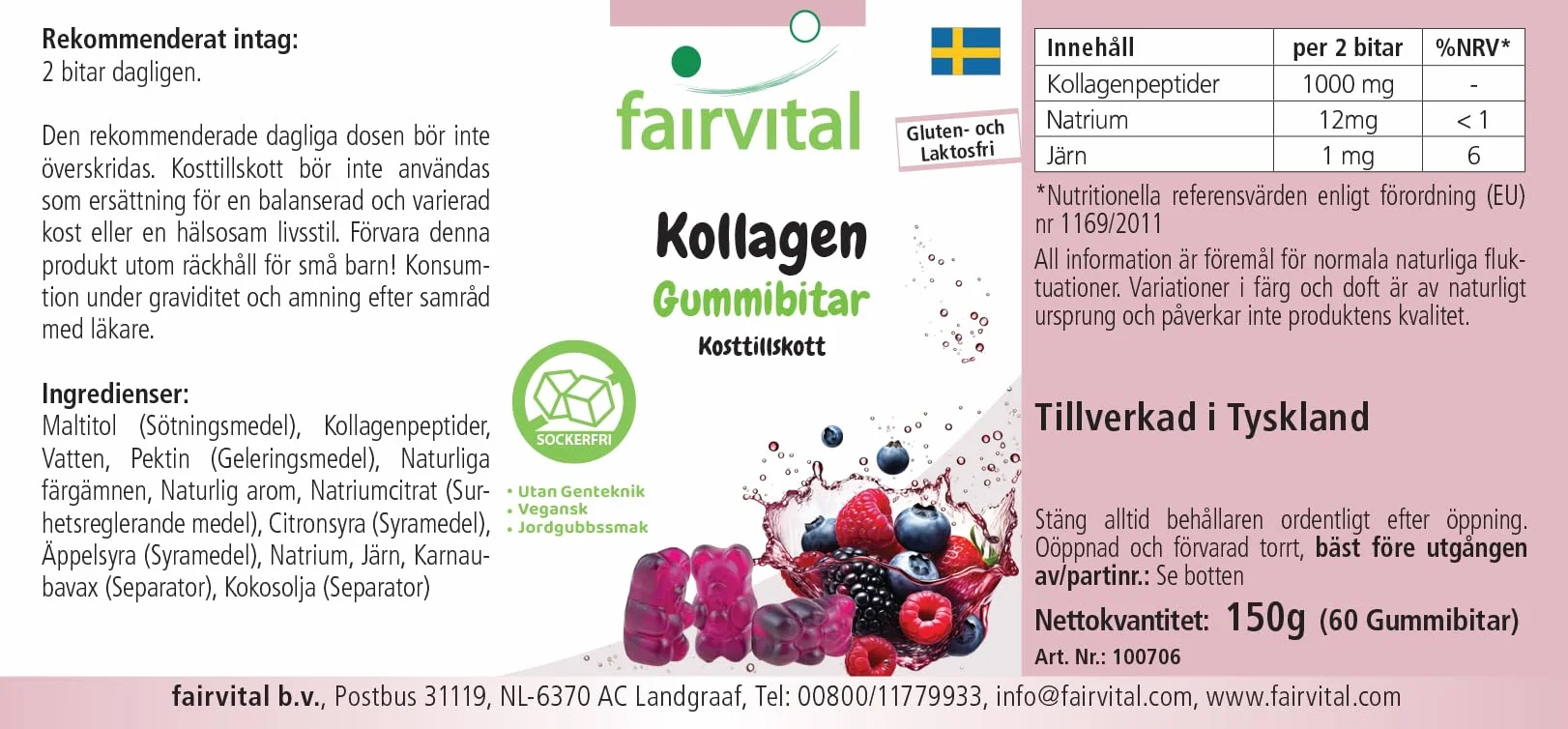 Fairvital Żelki kolagenowe 60 sztuk 1000mg z sodem i żelazem bez cukru