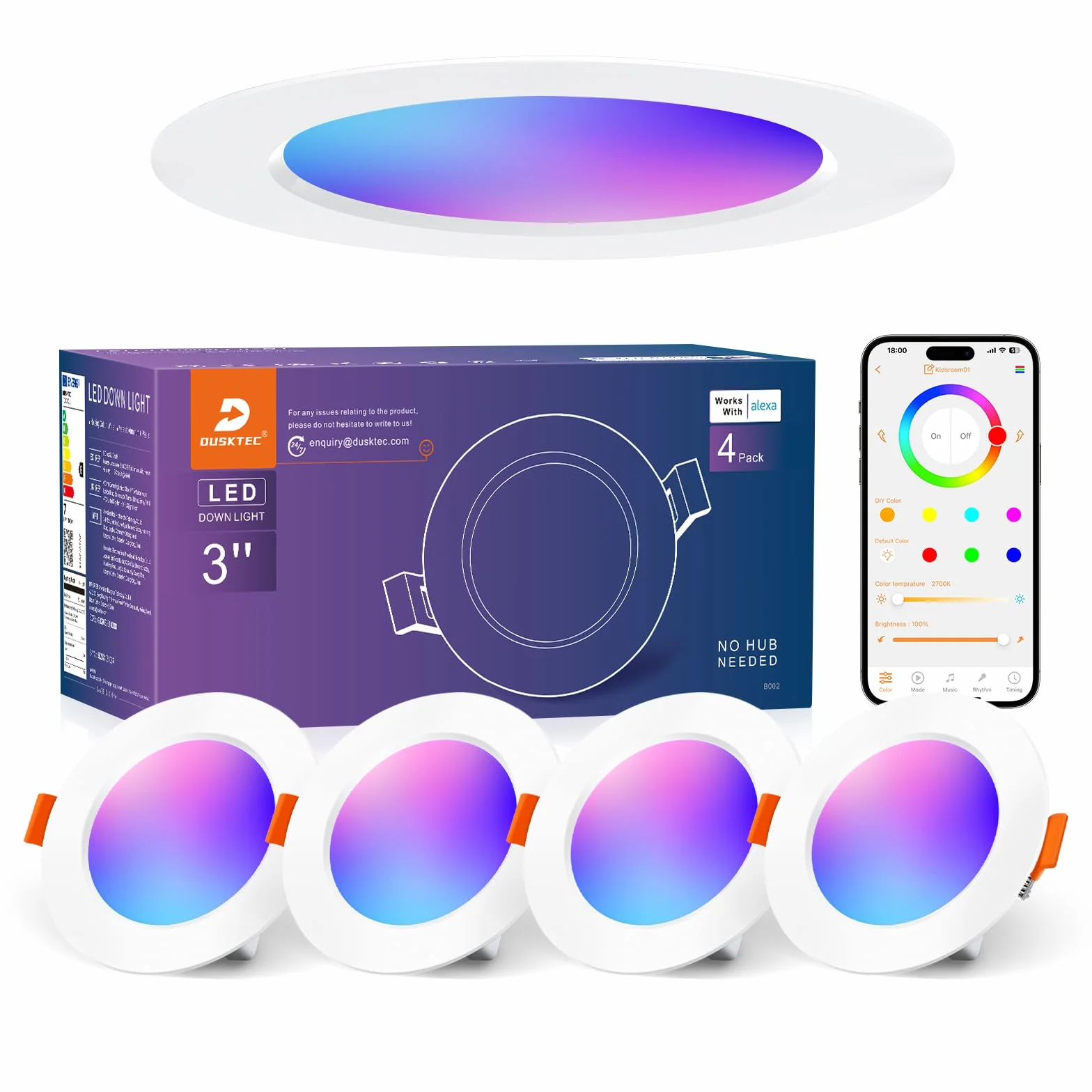 DUSKTEC Wbudowany reflektor LED Alexa Bluetooth 220 V RGB 68 mm ściemnialny 7 W IP44