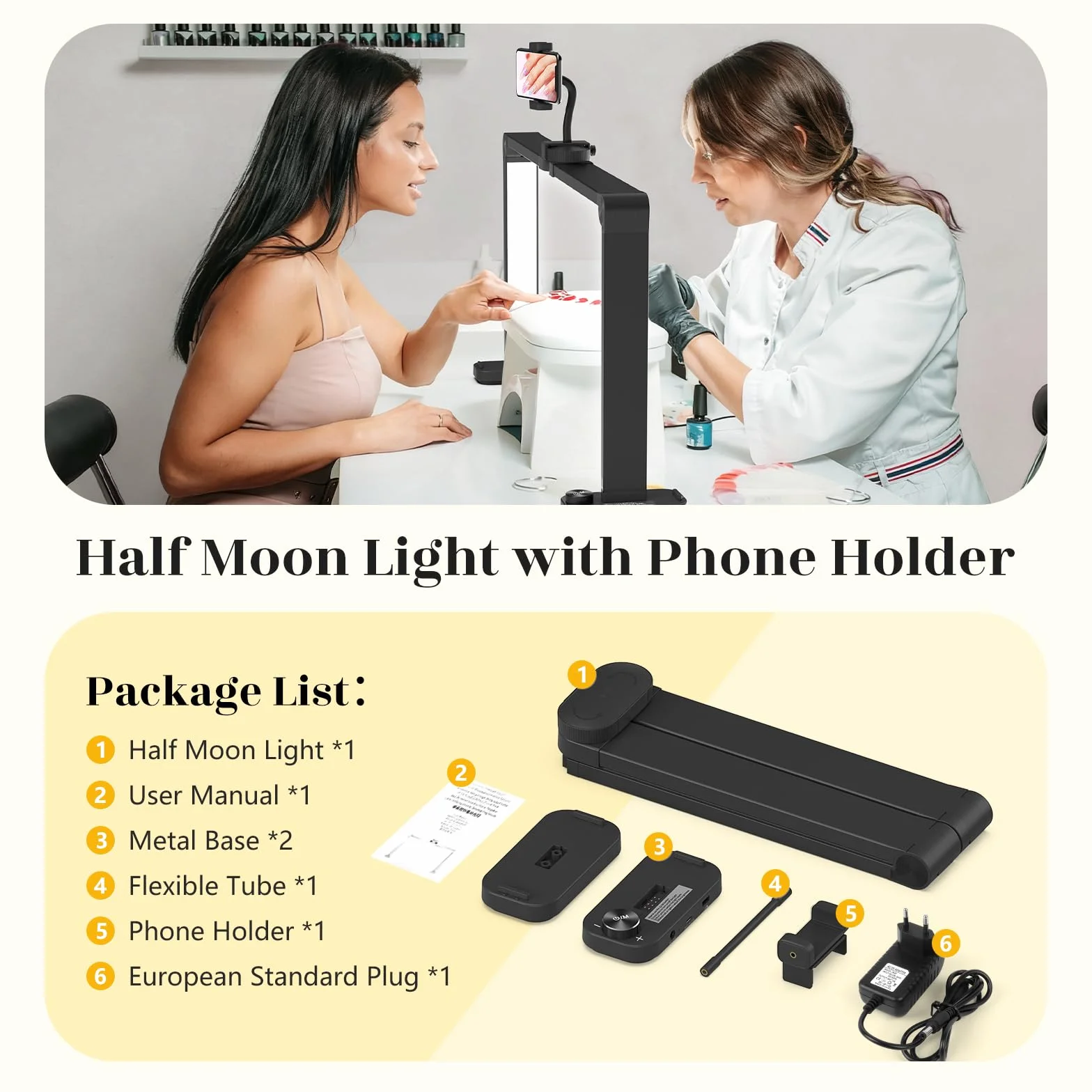 Lampa do paznokci w kształcie półksiężyca, 34", stolik do paznokci, półksiężyc, z uchwytem na telefon, 3 tryby kolorów i 10 regulowanych poziomów jasności rzęs, tatuażu, czarna
