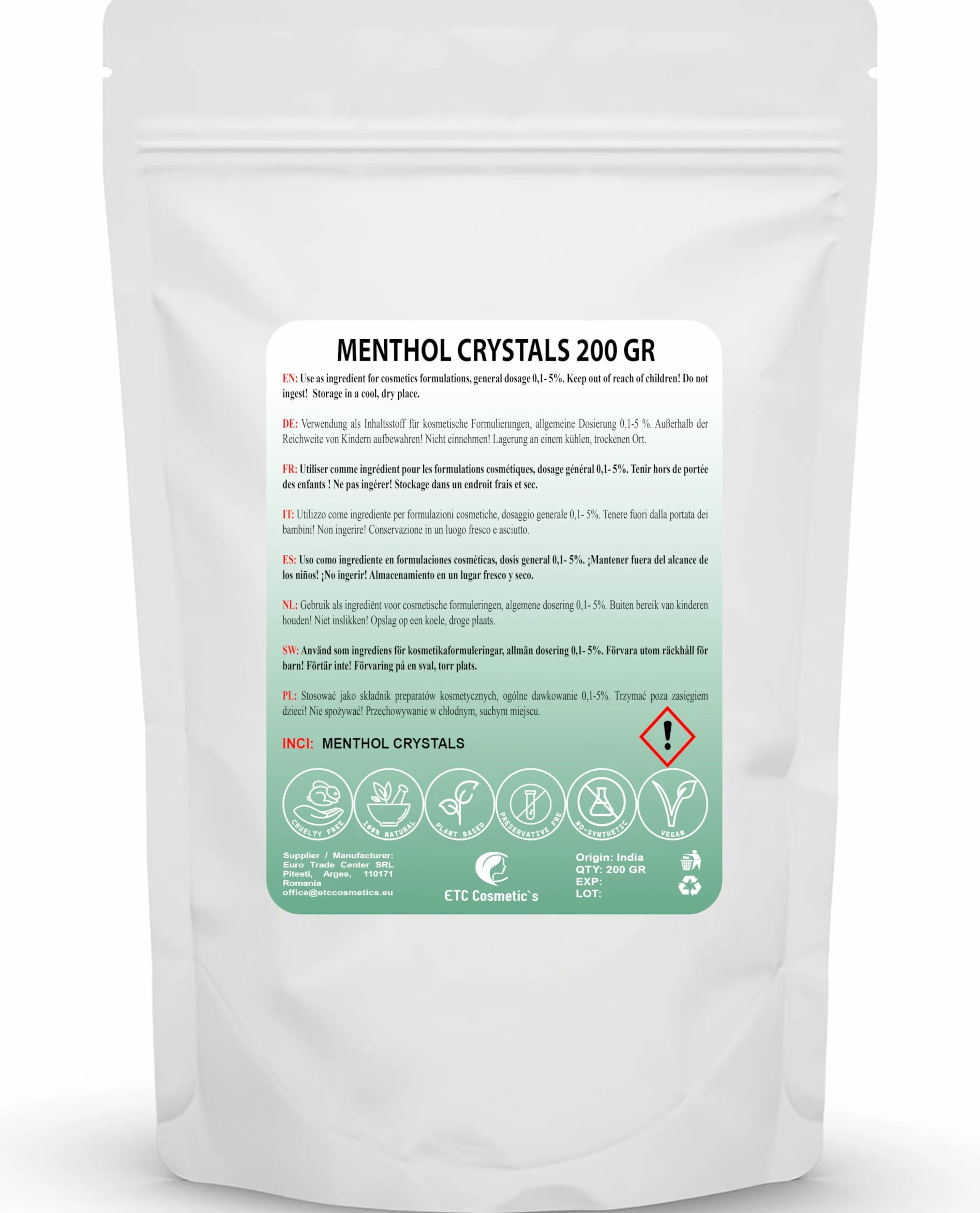 Mentol Kryształy 200 g Naturalny Olejek Miętowy Działa Chłodząco Odświeżająco