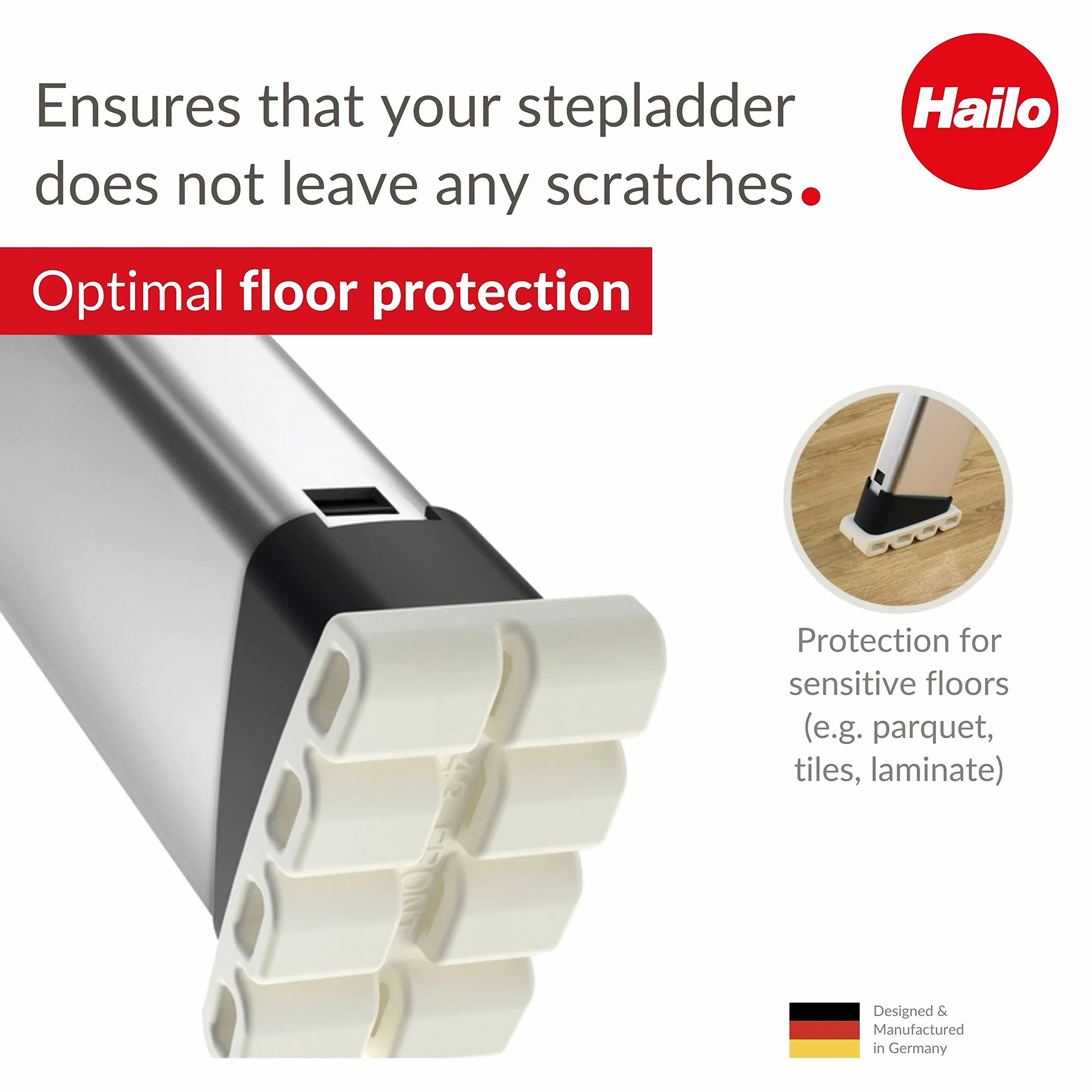 Hailo EasyClix Living Size L – zestaw wymiennych nóżek do drabin stojących Hailo – łatwa i szybka wymiana – chroni wrażliwe podłogi przed zadrapaniami i paskami – antypoślizgowa podstawa – miękki