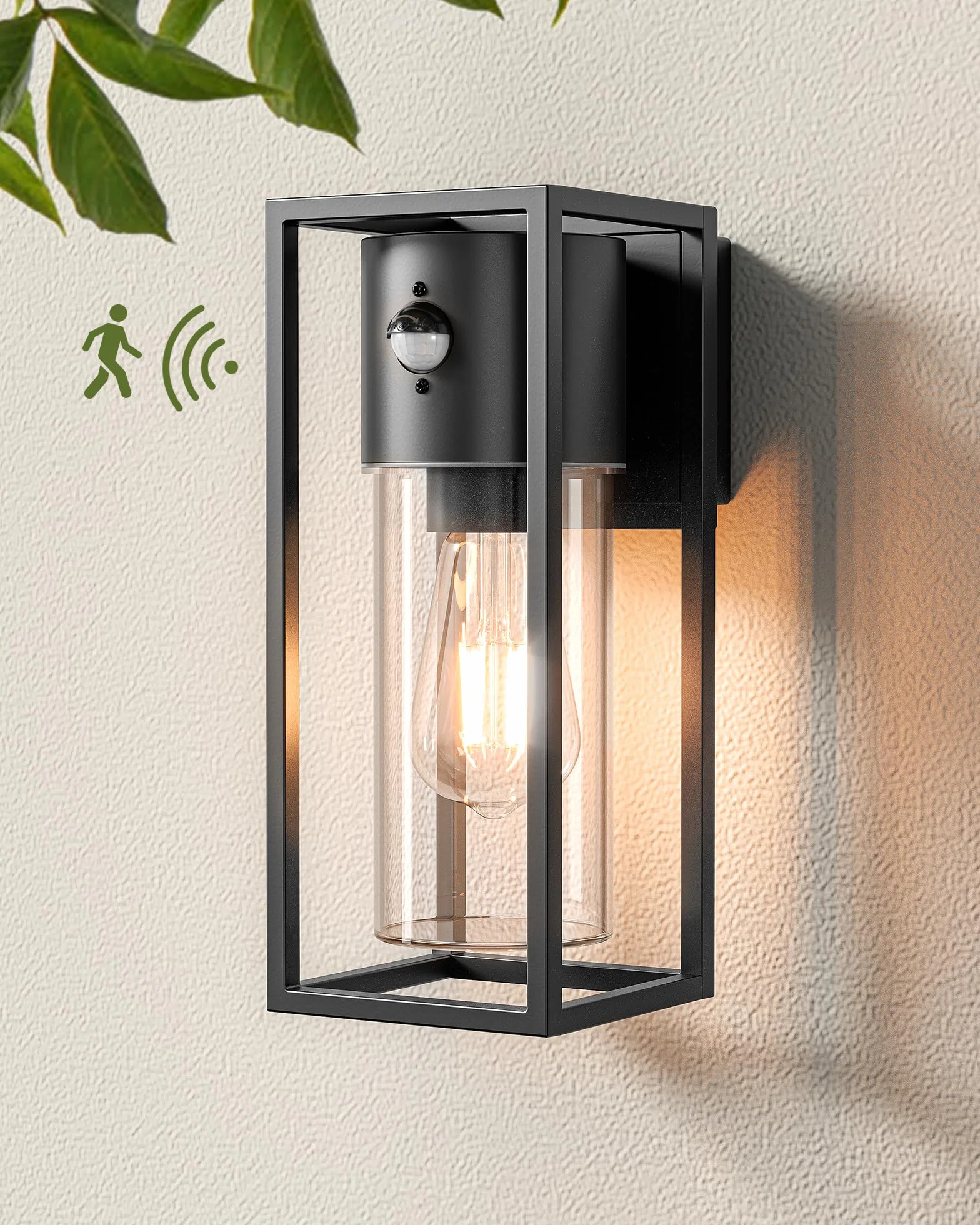 EDISHINE Zewnętrzna lampa ścienna z czujnikiem ruchu, gniazdo E27, wodoodporna IP44, lampa ścienna z aluminium i szkła hartowanego do ogrodu, balkonu, tarasu, frontu, żarówki nie są dołączone, czarna