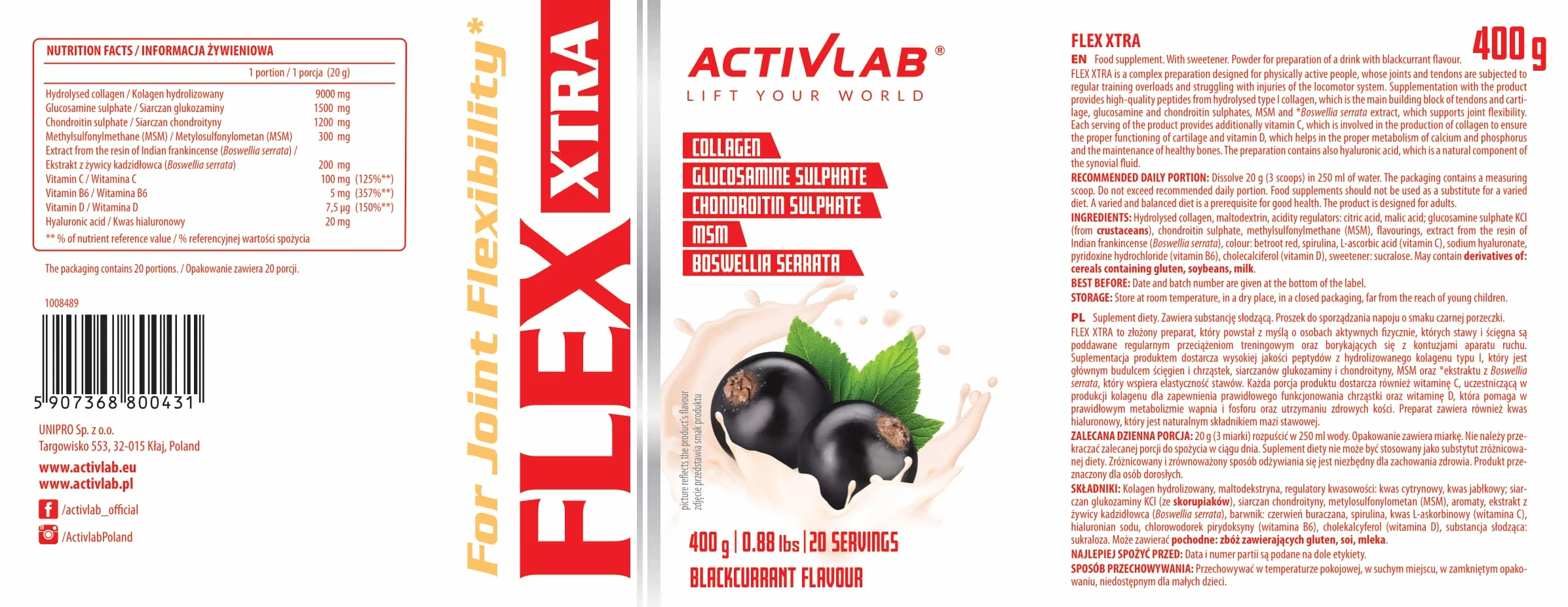Activlab FLEX Xtra 400g Kolagen Typ I Glukozamina MSM Witamina C B6 D Hyaluronian Dla Stawów