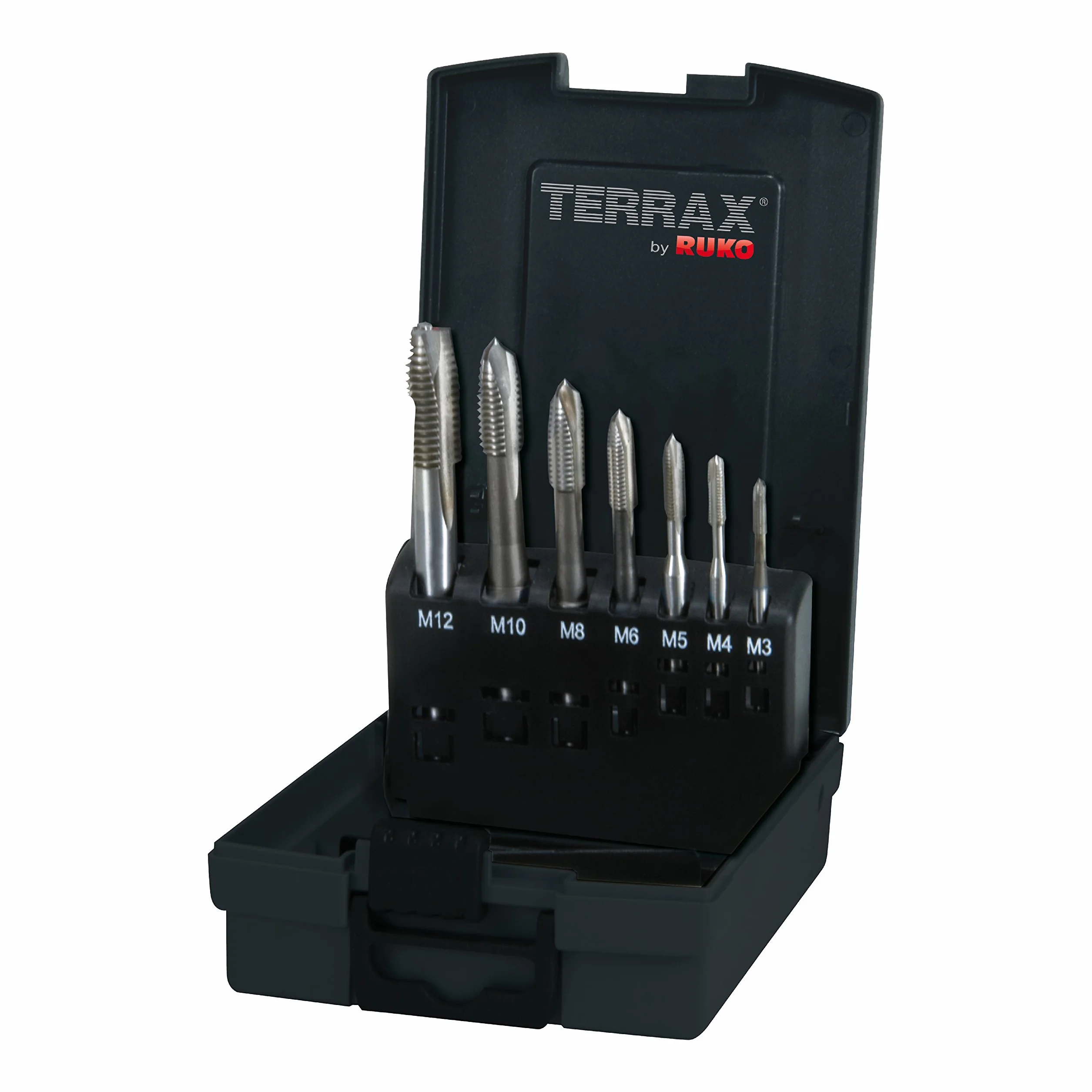 Terrax by RUKO gwintownik maszynowy zestaw M DIN 371/376 kształt B z nacięciem wałkowym HSS w kasecie z tworzywa sztucznego