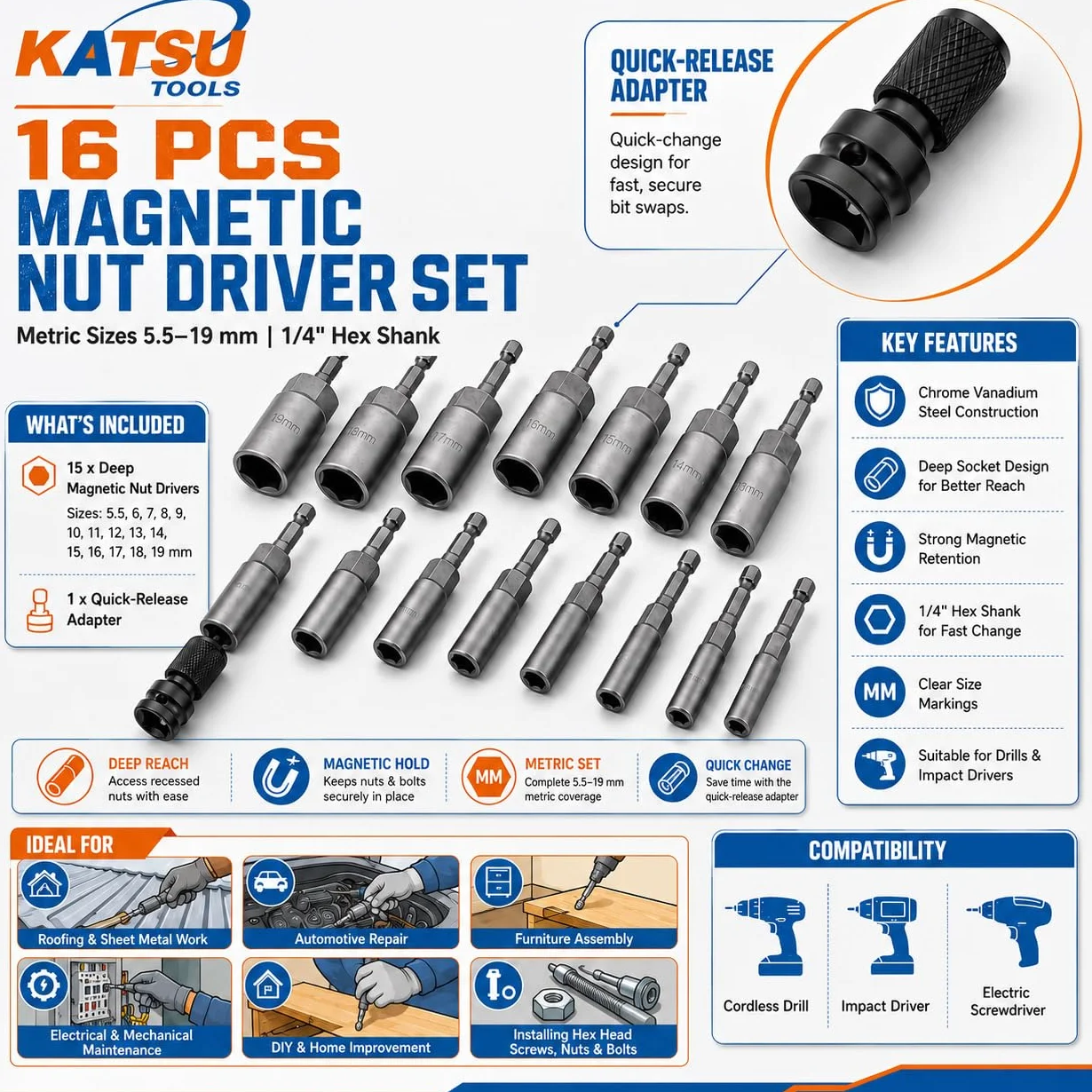 KATSU Tools 16 szt. wkrętak do nakrętek, zestaw głębokich nasadek, metryczny, 5,5-19 mm, 1/10.2 cm, z chwytem sześciokątnym, magnetyczny, do wiertarki elektrycznej, długość 80 mm