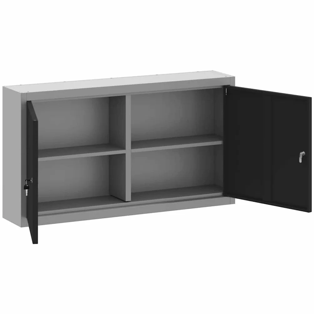 Szafa narzędziowa z regałem, czarna i szara, szafka warsztatowa ze stali i materiału drewnopochodnego, 100 x 20 x 55 cm, zamykana na 2 zamki krzywkowe, 3 półki do garażu, warsztatu i piwnicy