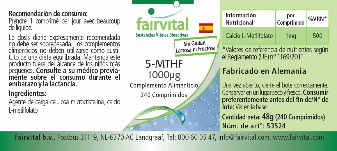 Fairvital | 5-MTHF - 240 tabletek - 1mg na tabletkę - bioaktywny kwas foliowy - płodność i ciąża - sprawdzona jakość i wysoka dawka - 100% wegańskie - wyprodukowano w Niemczech