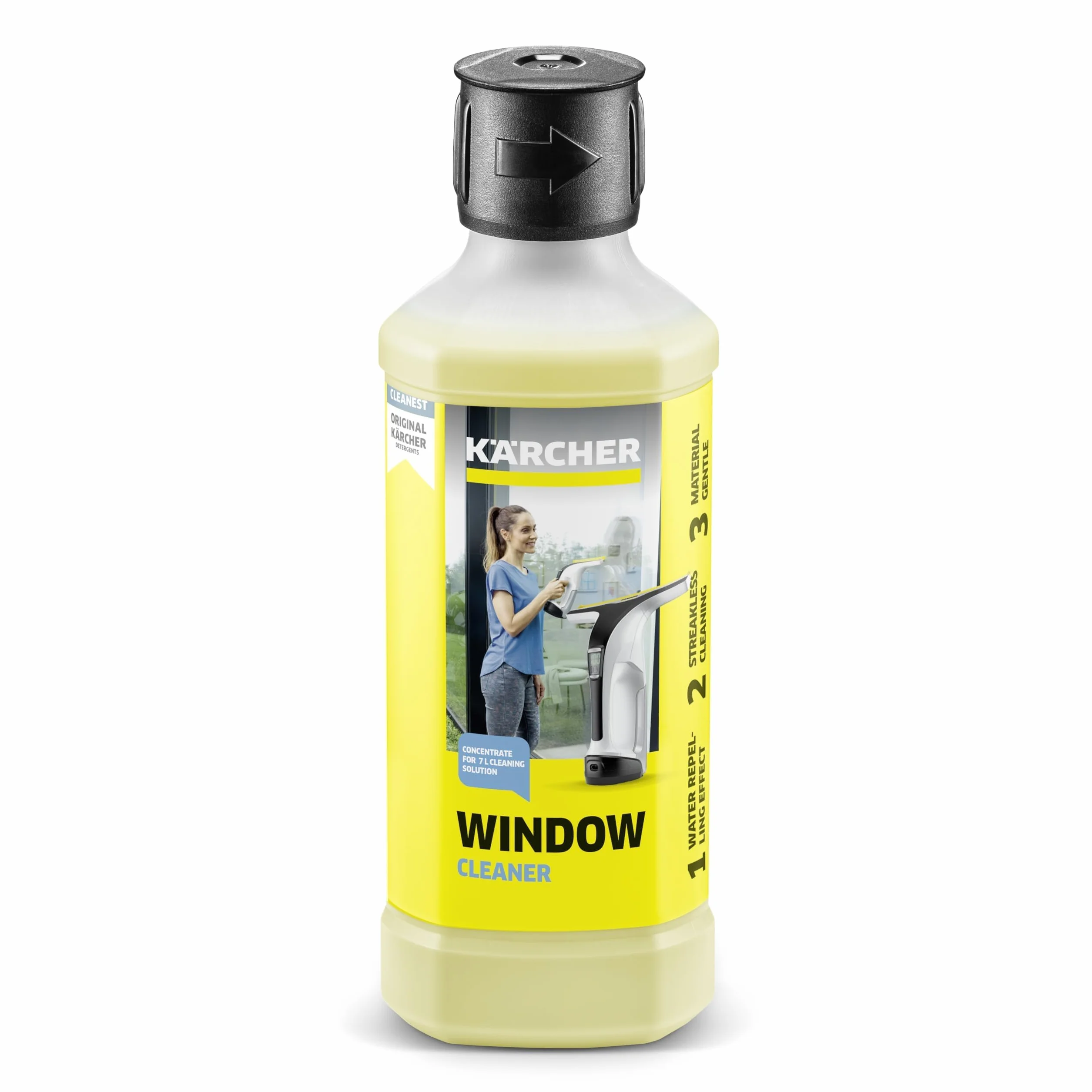 Kärcher środek do czyszczenia szkła w koncentracie RM 503, nadaje się do mycia okien, szyb, luster i kabin prysznicowych, z 500ml koncentratu uzyskuje się 6,25l płynu czyszczącego.
