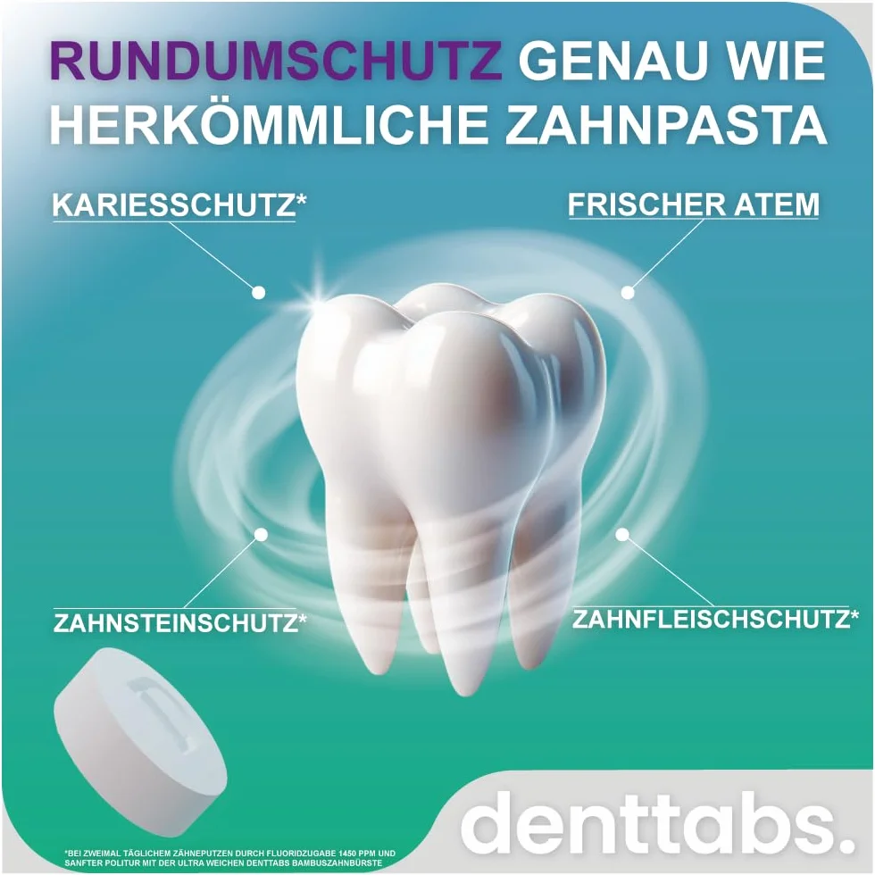 Denttabs Zestaw do mycia zębów – tabletki do czyszczenia zębów miętowe z fluorkiem zestaw 125 szt. + bambusowa szczoteczka do zębów z bambusa, ultramiękka