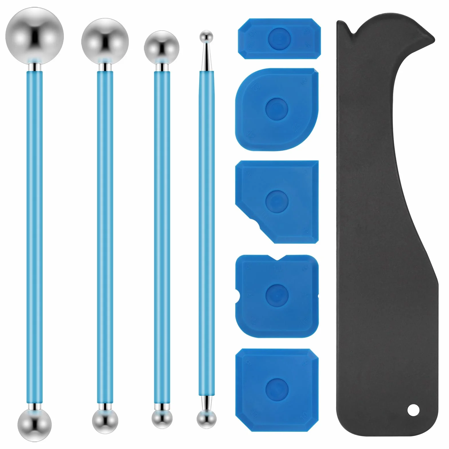 Zestaw 10 narzędzi do skrobaków, 4 ściągacze metalowe, 5 wygładzaczy silicone, 1 skrobak z tworzywa sztucznego, 1 ściągacz fug silicone, narzędzie do usuwania silikonu
