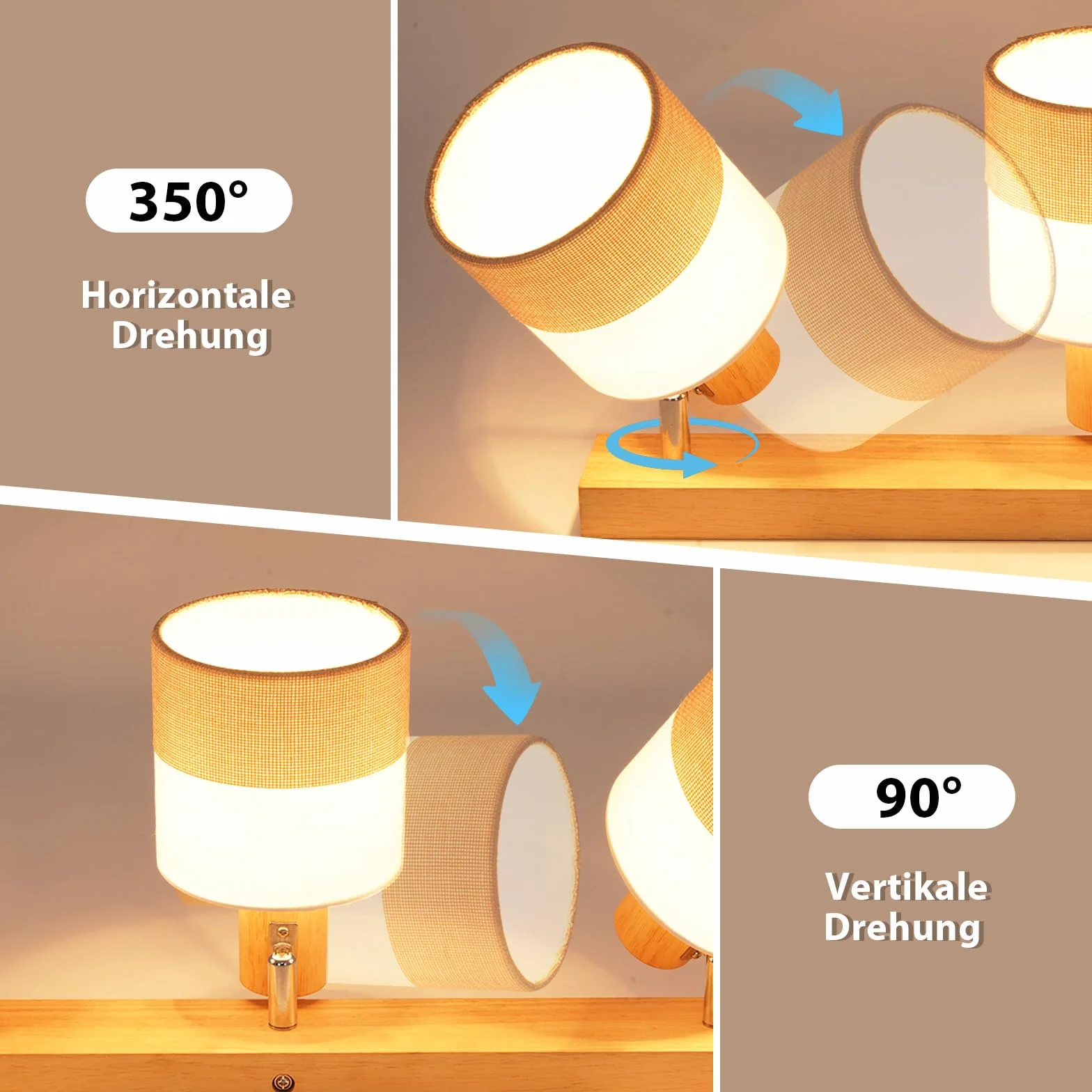 Glitzerlife Reflektor sufitowy 3 płomienie lampa sufitowa drewno - Reflektor vintage E14 klosz z tkaniny retro obrotowy 350° spot MAX.25W przedpokój kuchnia sypialnia salon, bez żarówki