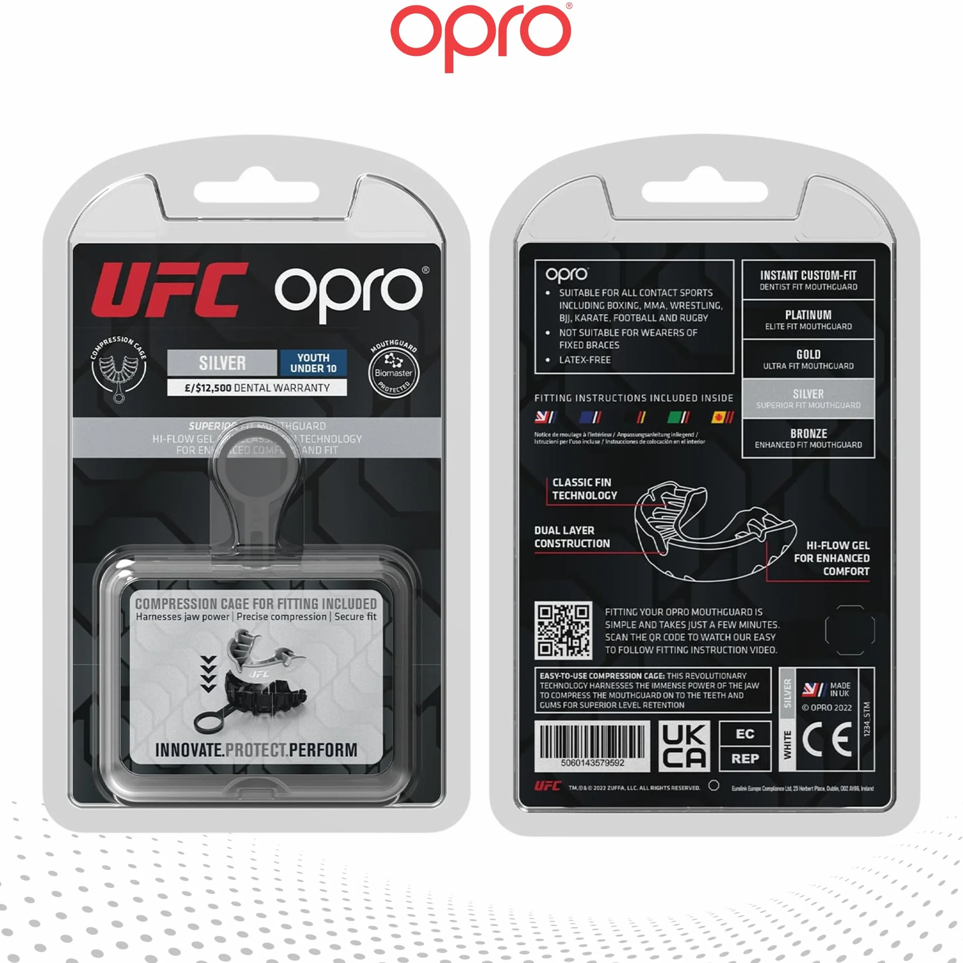 OPRO Silver Level UFC sportowy ochraniacz na zęby dla dorosłych i dzieci z etui, gumowa osłona dla dzieci z rewolucyjną technologią dopasowania do UFC, MMA, boksu, BJJ i innych sportów walki (srebrny,