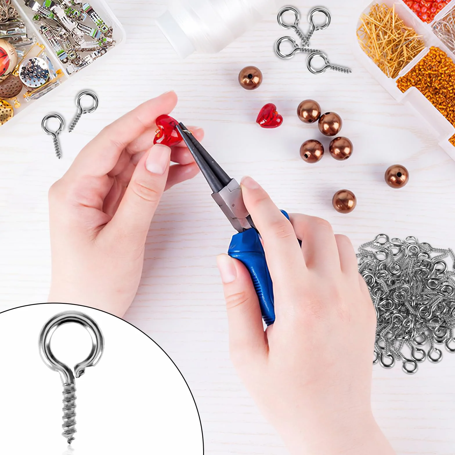 Amabro Małe oczka, mini śrubowe oczka, gwintowane metalowe oczka, oczkowe, oczkowe do produkcji biżuterii, wisiorki, koraliki, DIY, rzemiosło, 10 mm (srebrne)