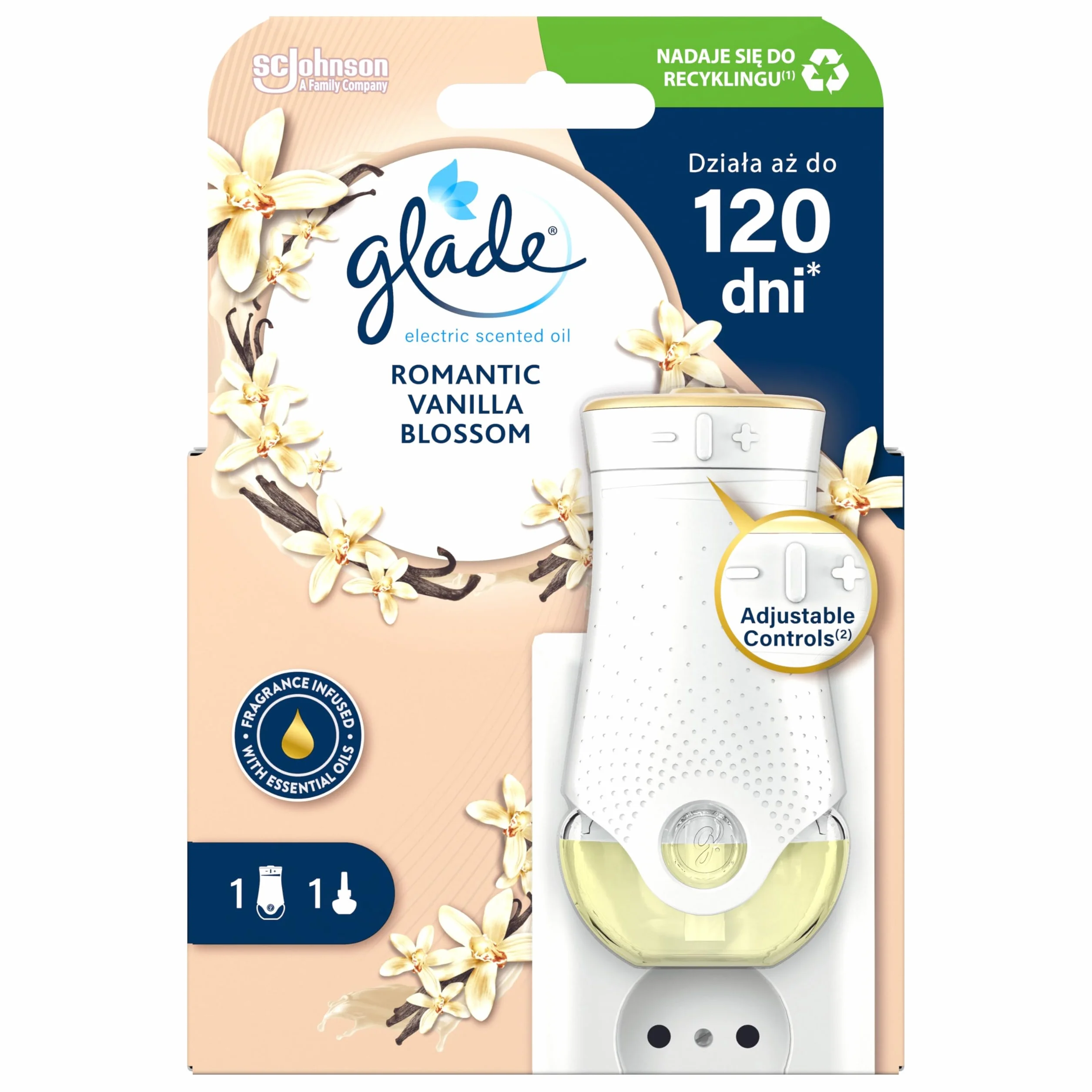 Glade® Elektryczny Odświeżacz Powietrza, Electric Scented Oil o Zapachu Romantic Vanilla Blossom, Urządzenie z Wkładem, Długotrwały Zapach, 20ml, olejki eteryczne